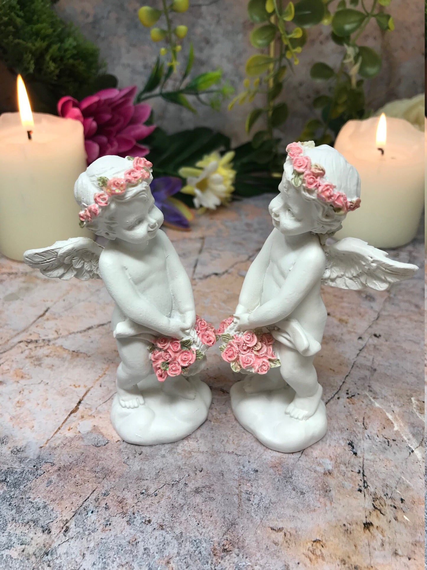 Pair of Guardian Angel Cherub Statue with Flower Accents - Heavenly Ornament Sculpture for Home Décor or Gifts-Osiris Craftworks