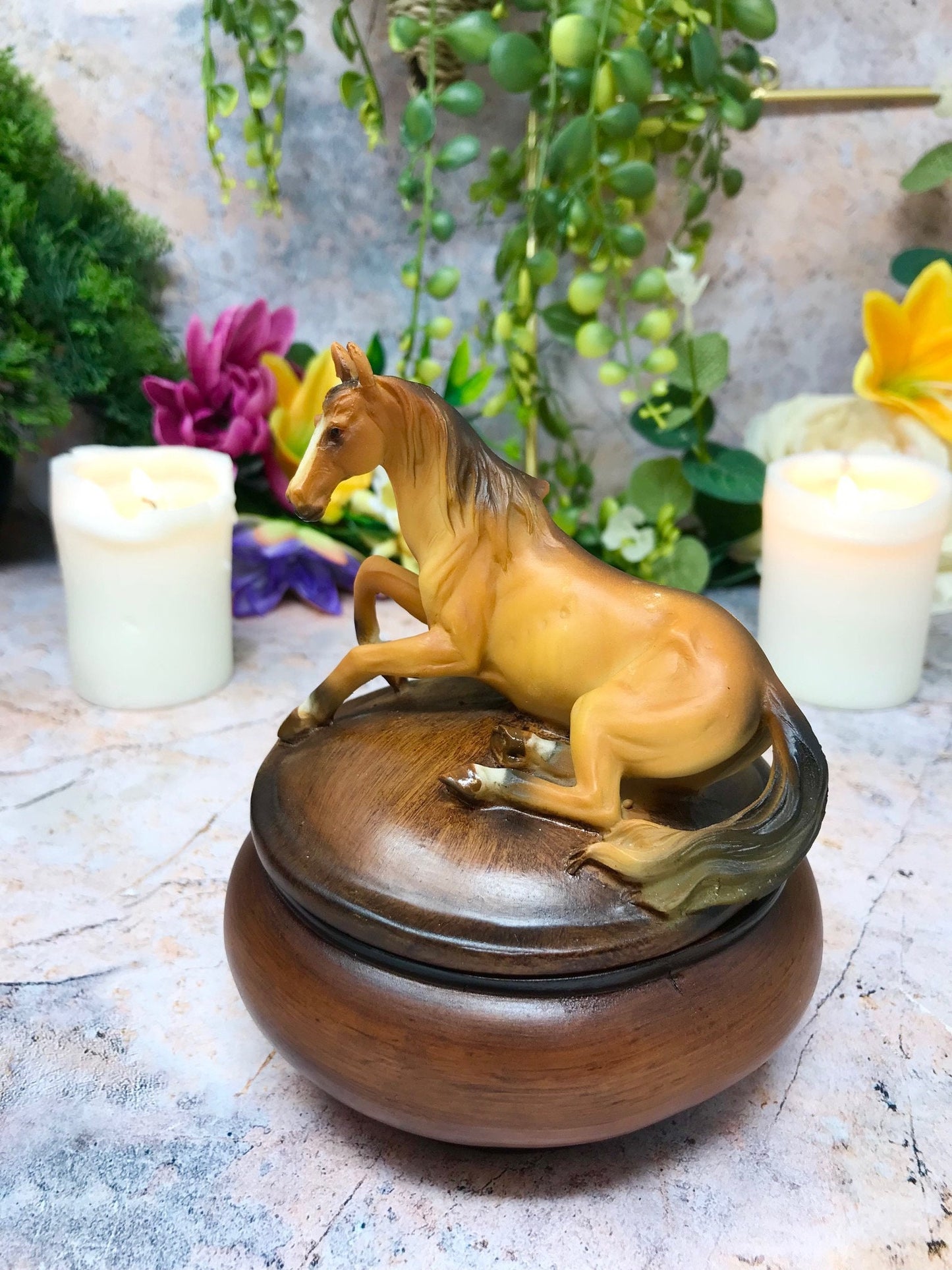 Round Horse Trinket Box Sculpture Ornament Secret Stash Equestrian Gift