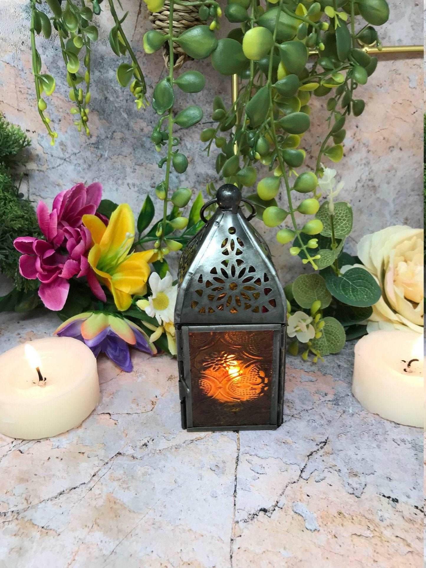 Antique Effect Moroccan Style Zinc Lantern Multicoloured Candle Tealight Holder Seasonal Decor Home Lighting Ornament