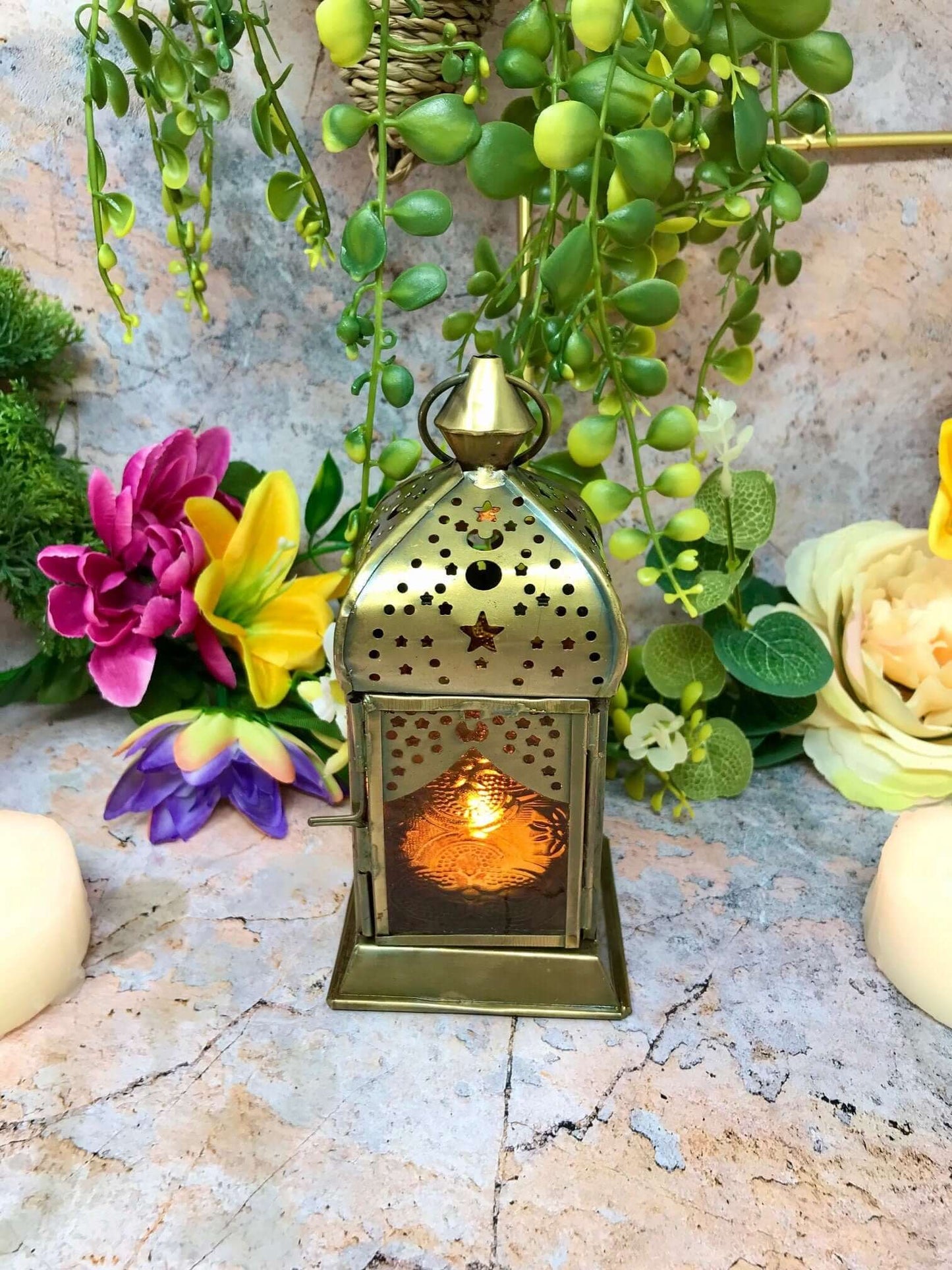 Moroccan Style Brass Lantern Antique Multicoloured Glass Tea Light Candle Holder Home Decoration