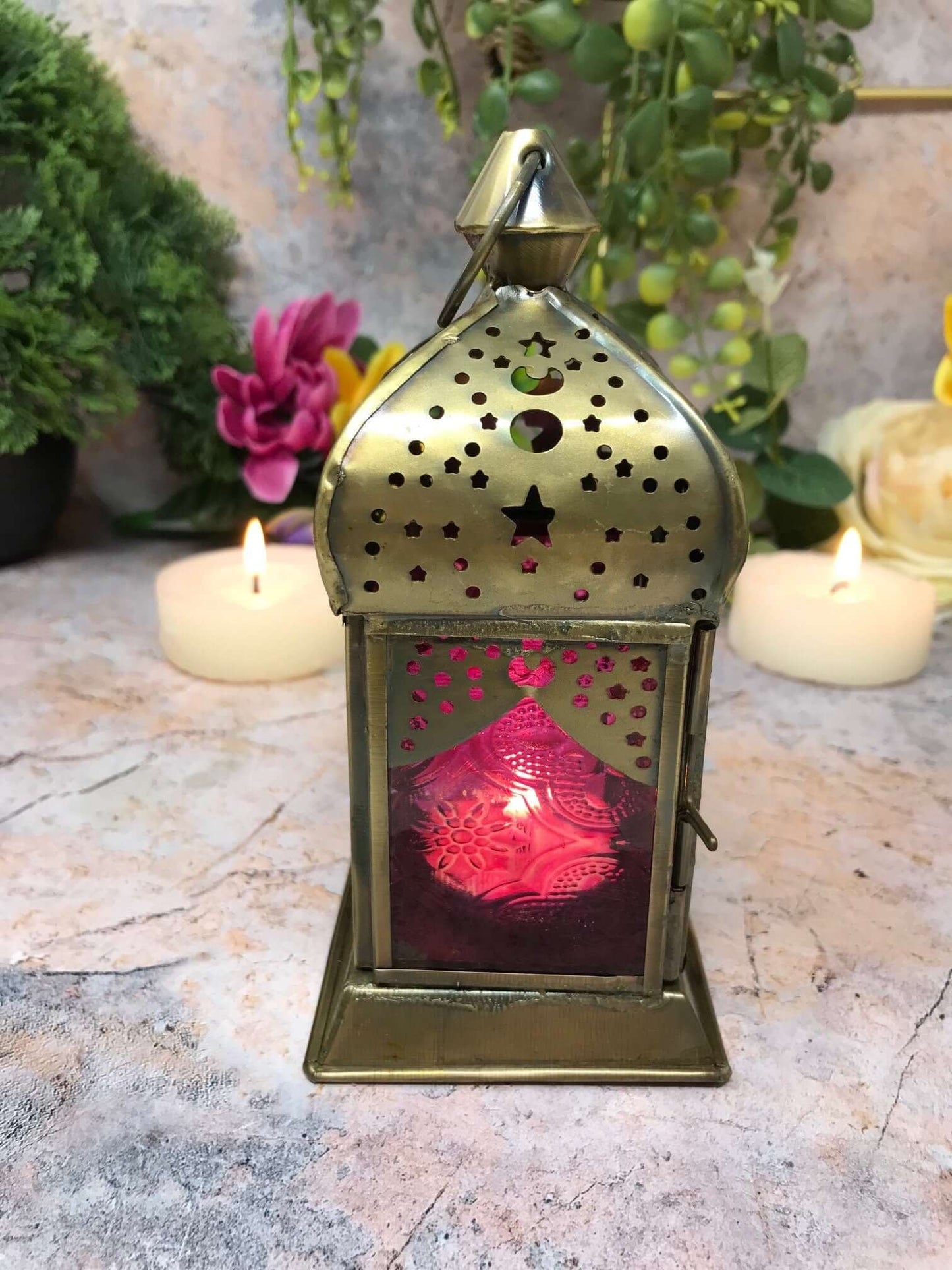 Moroccan Style Brass Lantern Antique Multicoloured Glass Tea Light Candle Holder Home Decoration