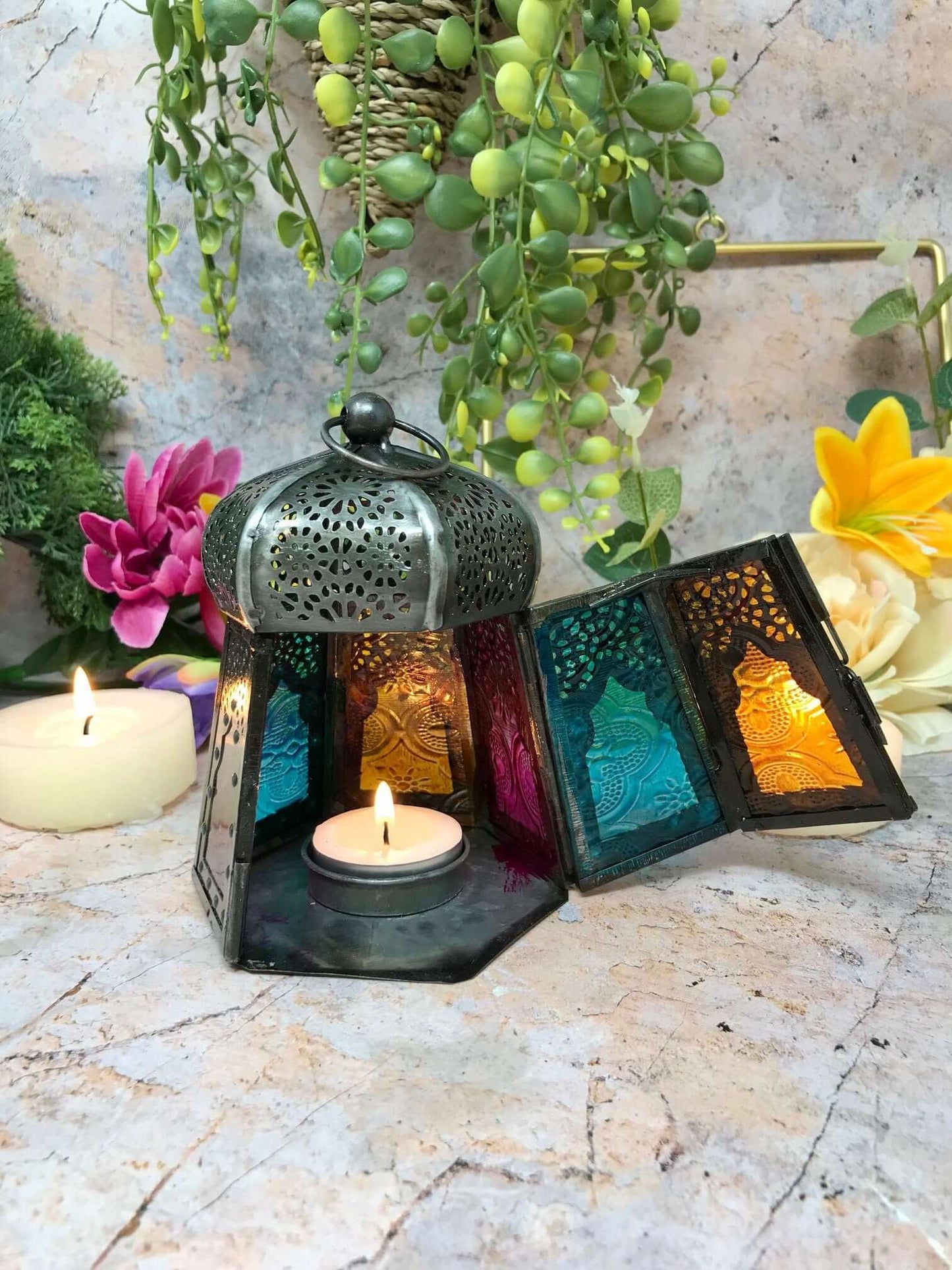 Antique Effect Moroccan Style Lantern Candle Multicoloured Tealight Holder Seasonal Decor Home Lighting Ornament