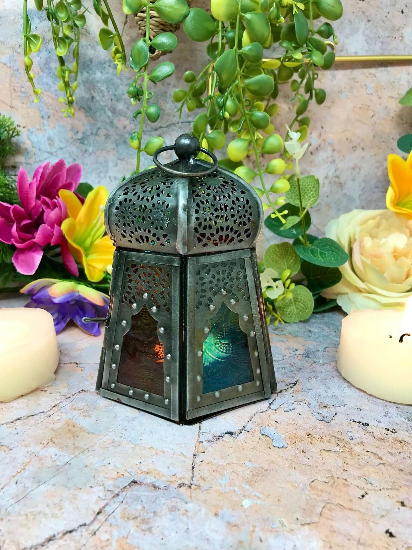 Antique Effect Moroccan Style Lantern Candle Multicoloured Tealight Holder Seasonal Decor Home Lighting Ornament