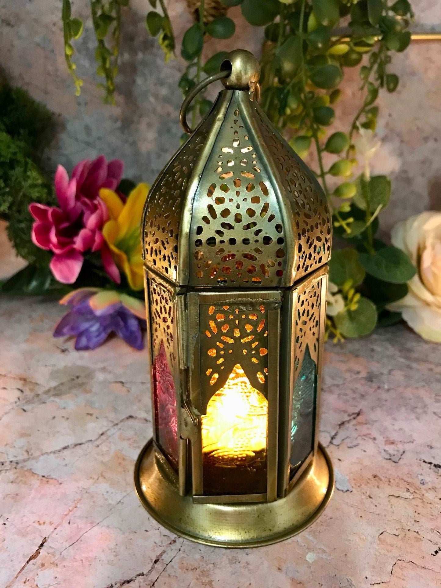 Antique Effect Moroccan Style Lantern Multicoloured Candle Tealight Holder Seasonal Decor Home Lighting Ornament