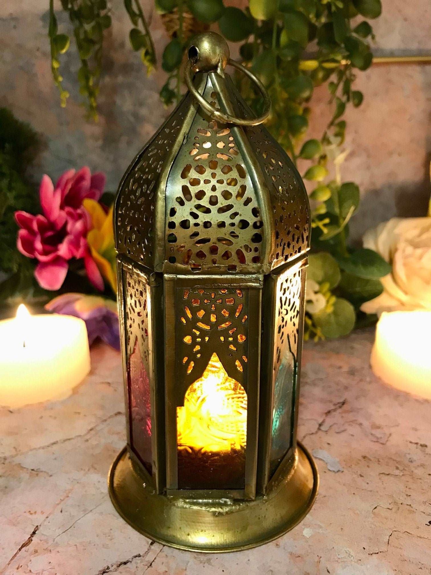 Antique Effect Moroccan Style Lantern Multicoloured Candle Tealight Holder Seasonal Decor Home Lighting Ornament