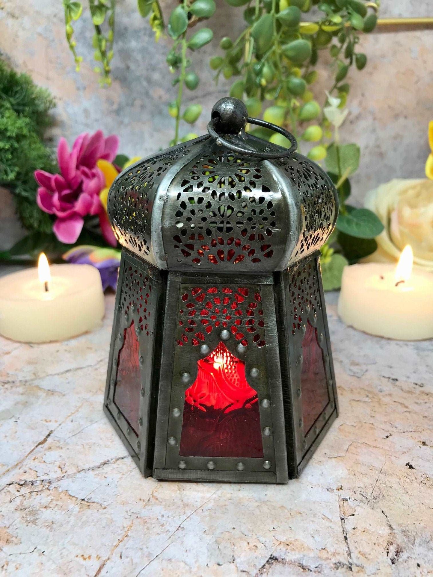 Antique Effect Moroccan Style Lantern Candle Red Glass Tealight Holder Seasonal Decor Home Lighting Ornament