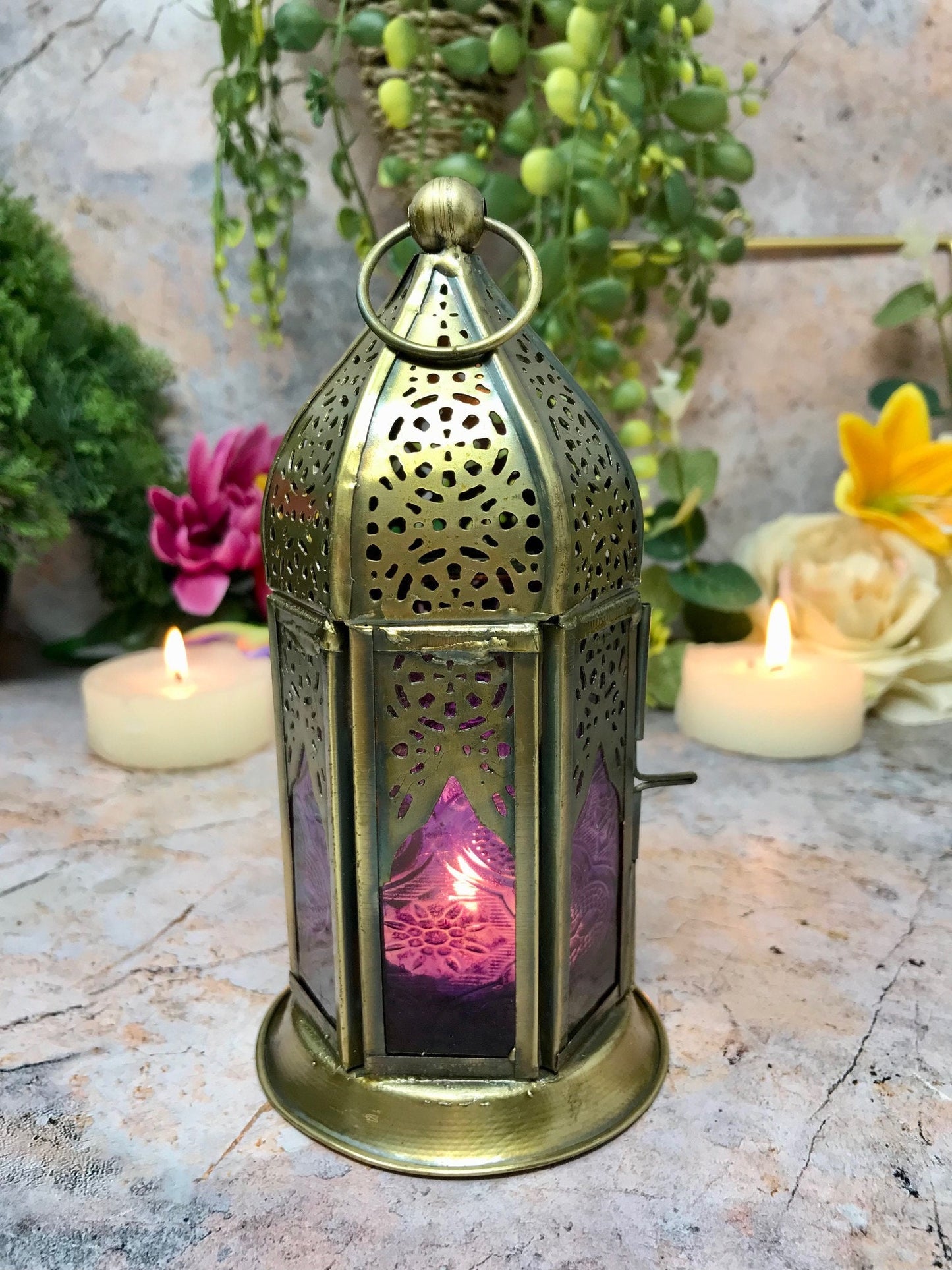 Moroccan Style Brass Lantern Antique Purple Glass Tea Light Candle Holder Home Decoration