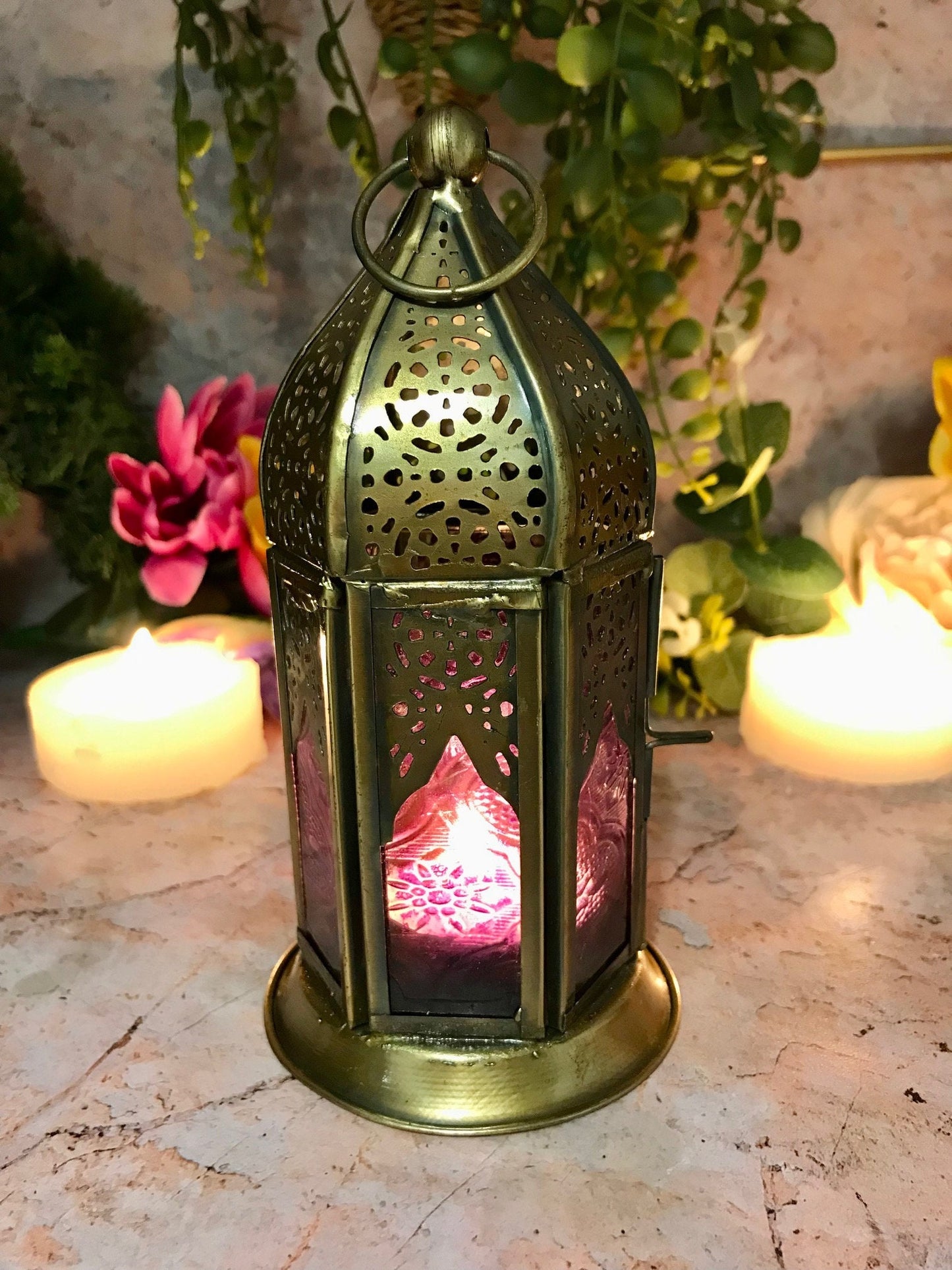 Moroccan Style Brass Lantern Antique Purple Glass Tea Light Candle Holder Home Decoration