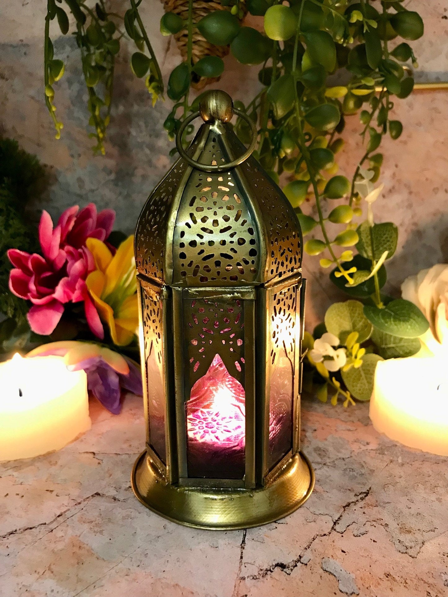 Lanterne en laiton de style marocain, bougeoir en verre violet antique, décoration de la maison