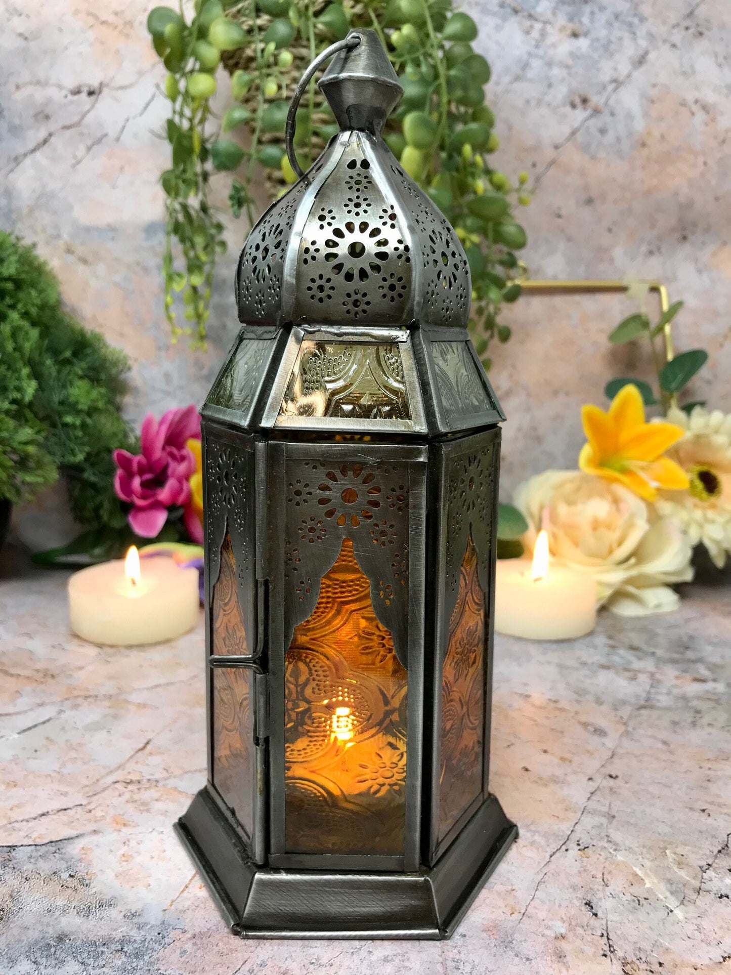 Moroccan Style Lantern Zinc Antique Amber Glass Tea Light Candle Holder Home Decoration