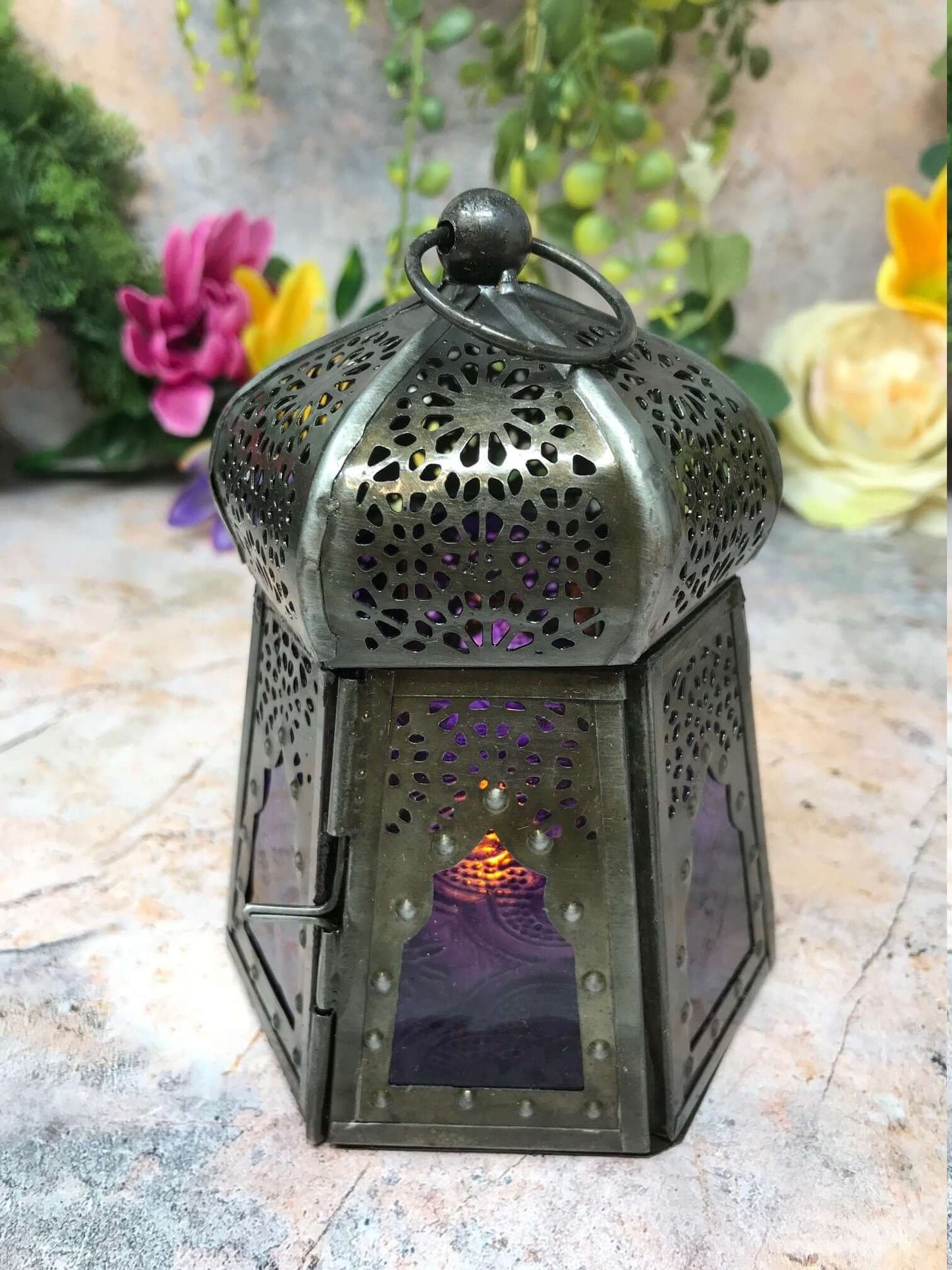 Antique Effect Moroccan Style Lantern Candle Purple Glass Tealight Holder Seasonal Decor Home Lighting Ornament