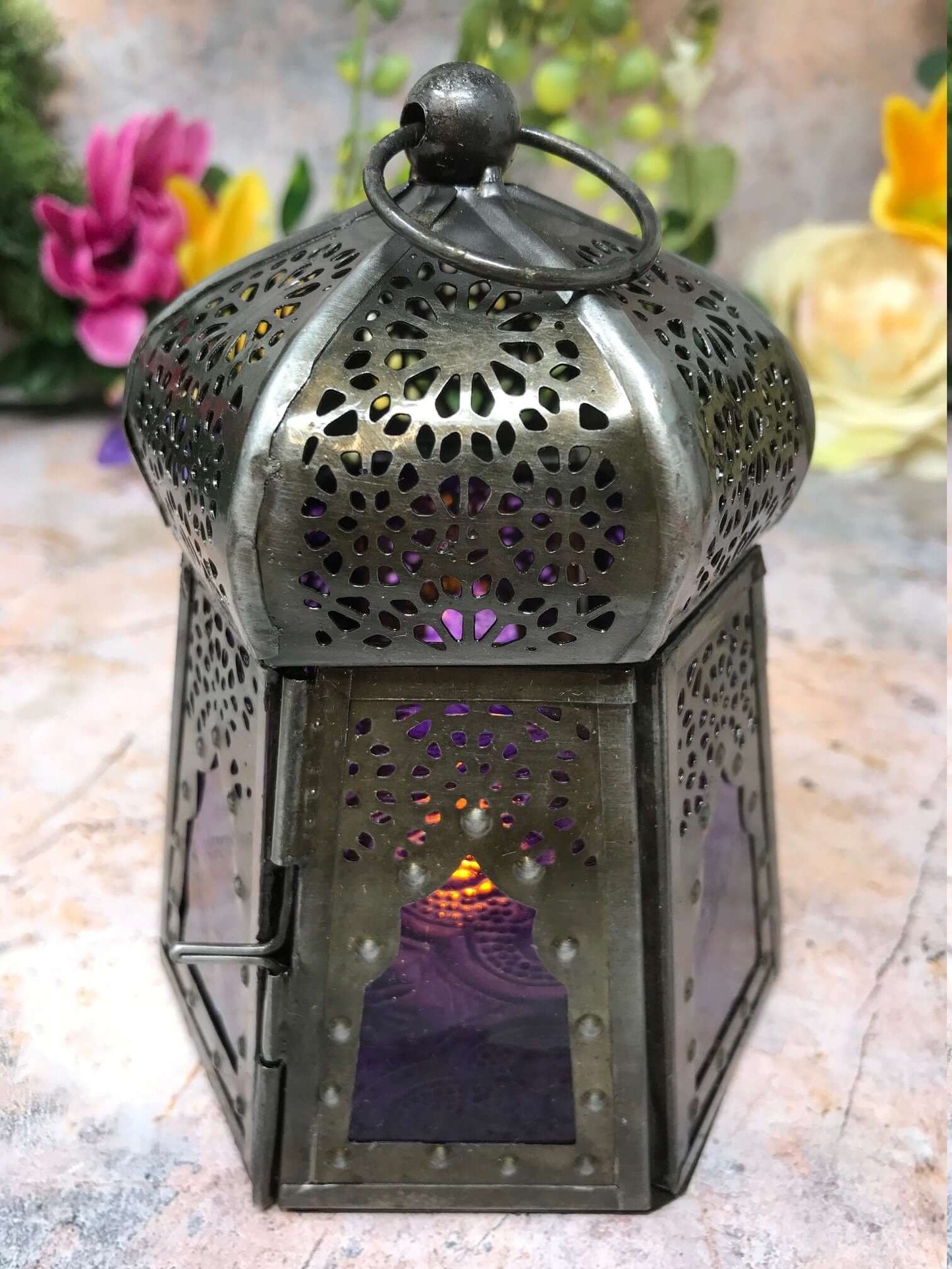 Antique Effect Moroccan Style Lantern Candle Purple Glass Tealight Holder Seasonal Decor Home Lighting Ornament