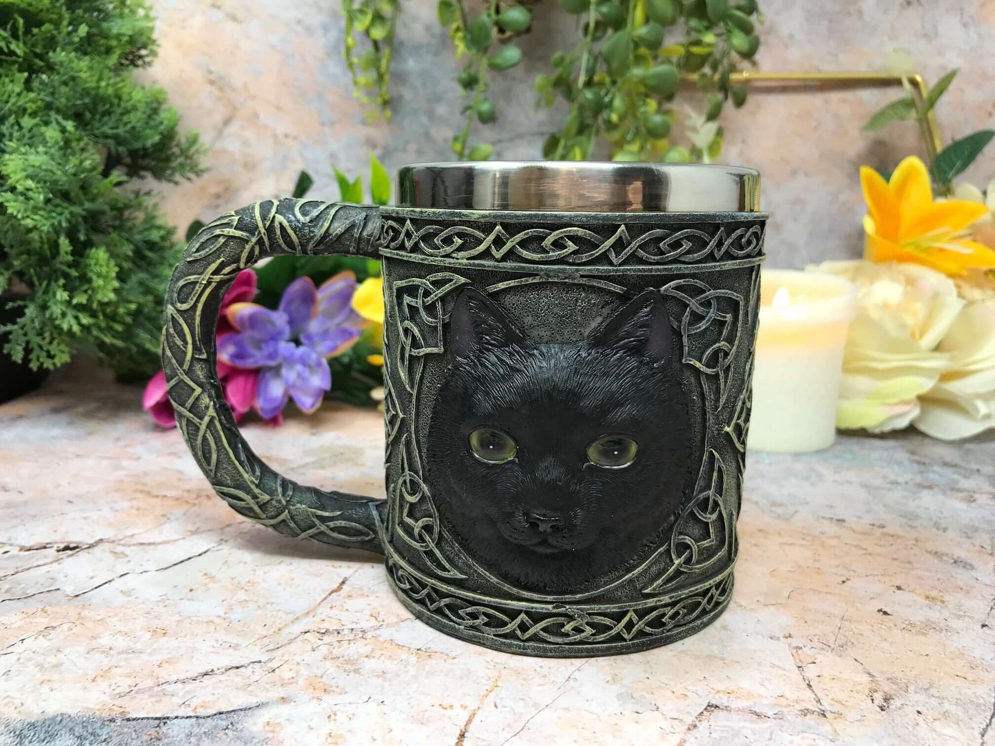 Enigmatic Black Cat Tankard Mug, Gothic Wiccan Beer Stein Pagan Drinkware, Mystical Feline Ornament, Celtic Knotwork, Unique Cat Lover Gift-Osiris Craftworks