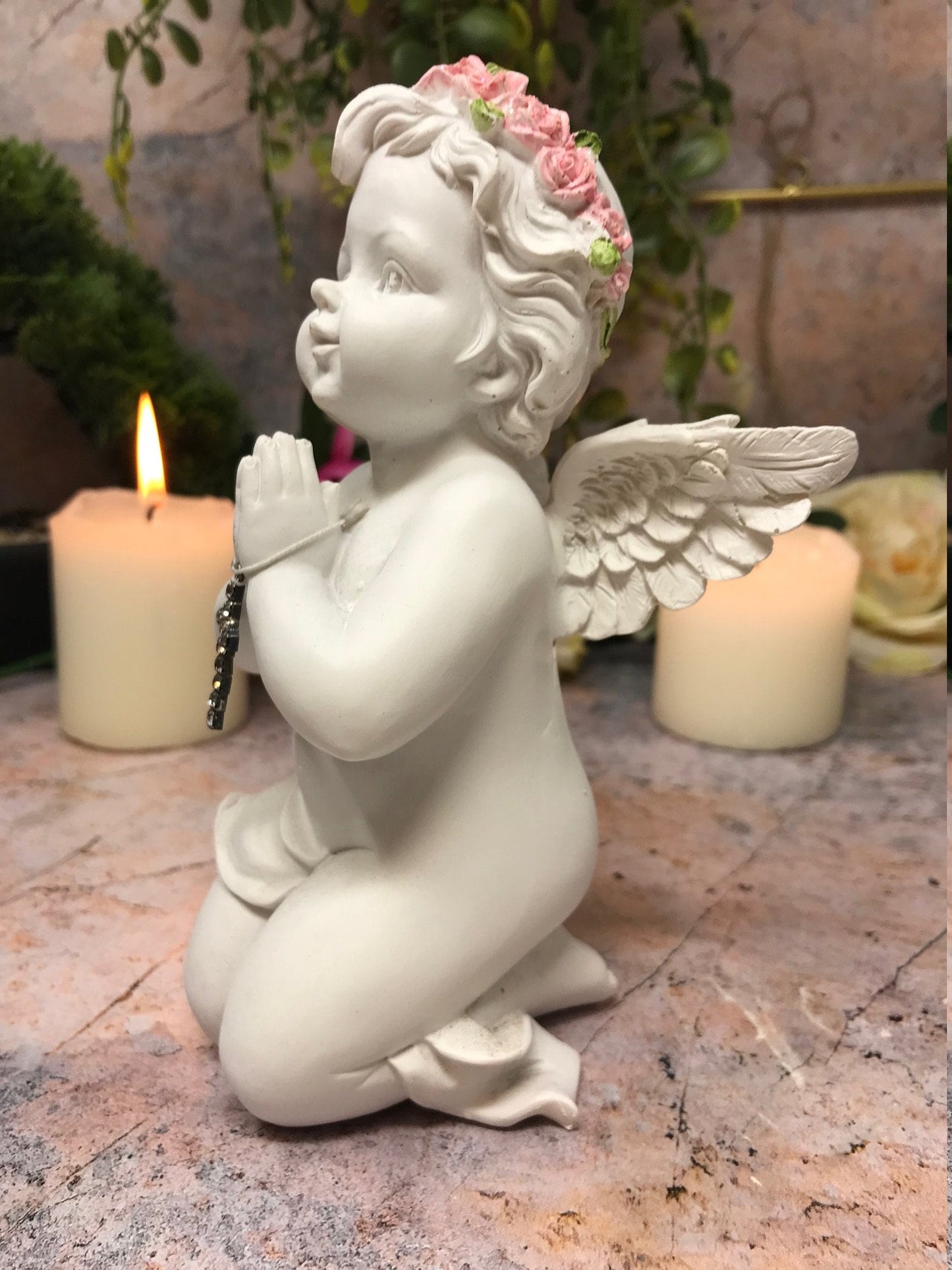 Praying Cherub with Cross Statue, Guardian Angel Figurine, Devotional Ornament, Angelic Sculpture, Inspirational Religious Decor, Serene Art-Osiris Craftworks