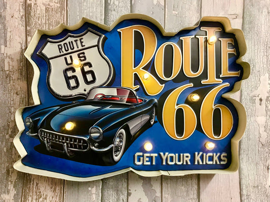 Vintage Route 66 LED Lighted Wall Sign - Classic Car 3D Metal Art for Home and Garage Decor-Osiris Craftworks