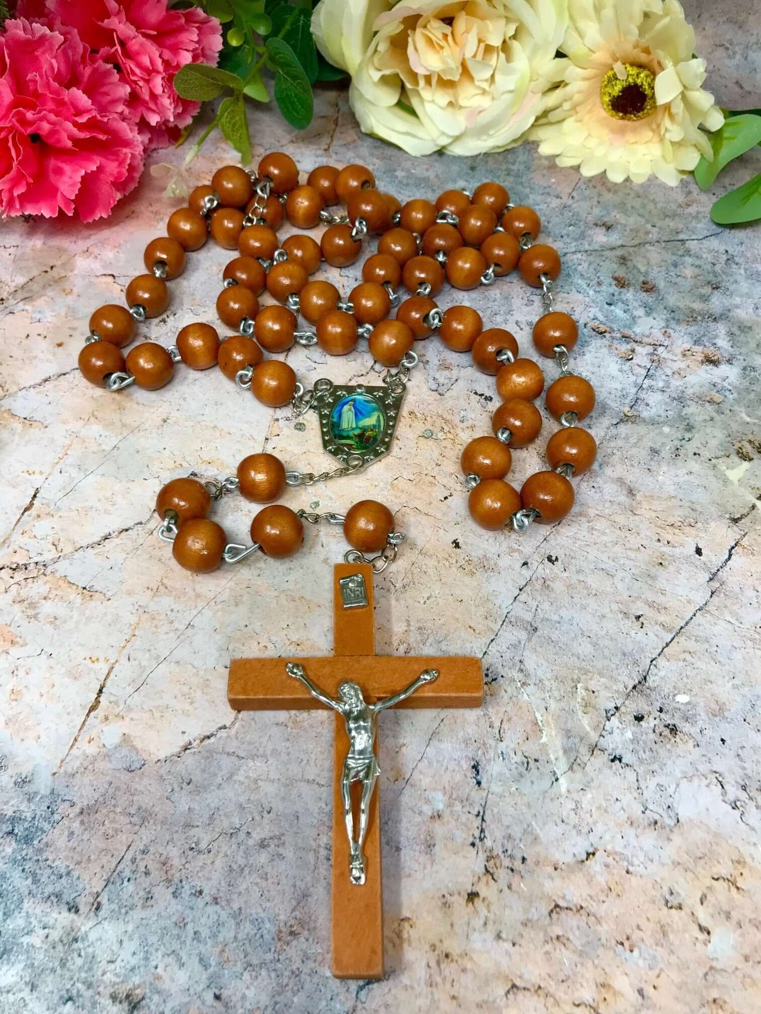 Large Catholic Wooden Rosary Beads Our Lady of Fatima Jesus Christ Cross Crucifix Religious Gift-Osiris Craftworks