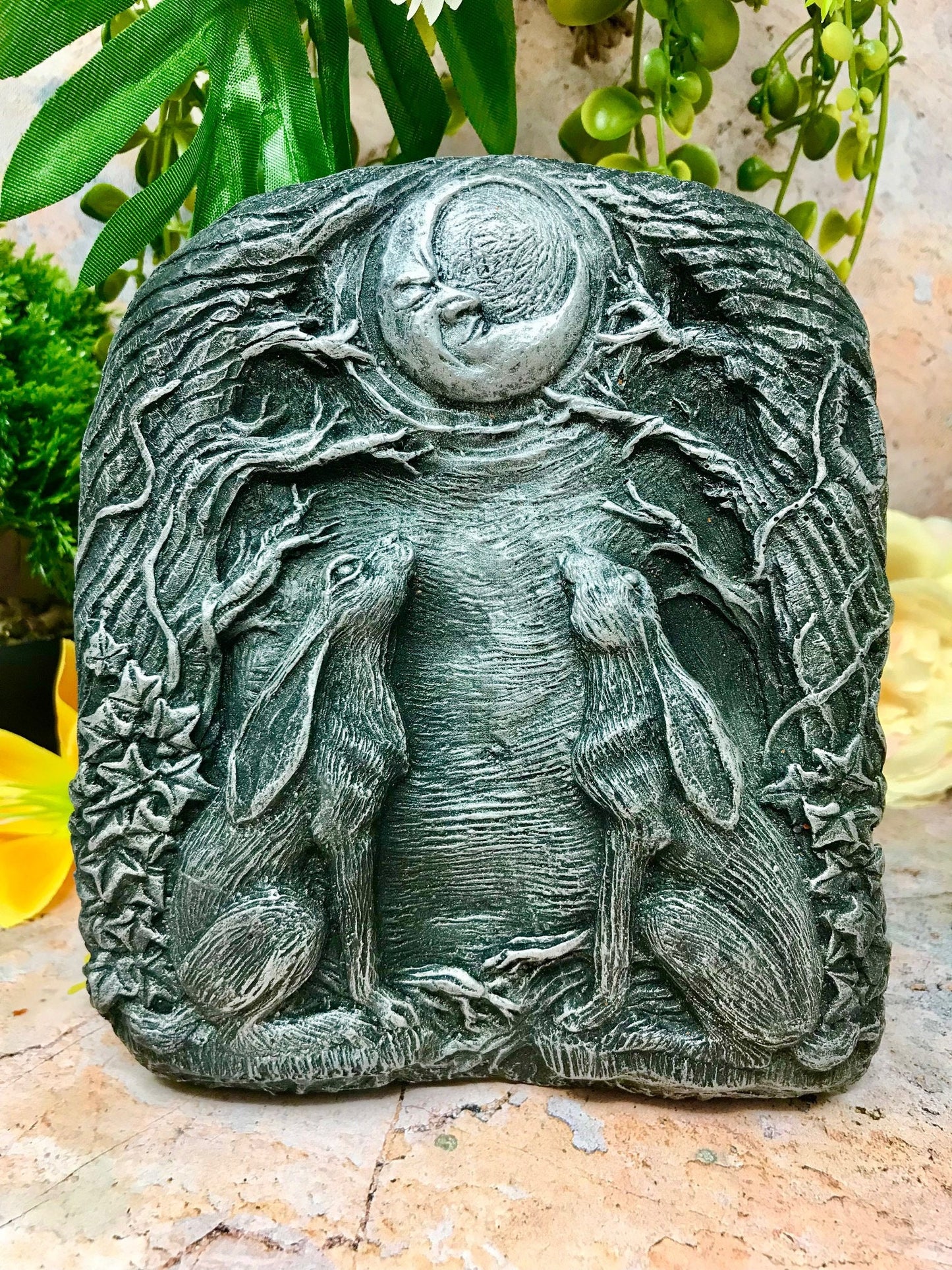 Silver Effect Magical Moon Hares Wall Plaque Pagan Statue Moongazing Wiccan Sculpture Ornament-Osiris Craftworks