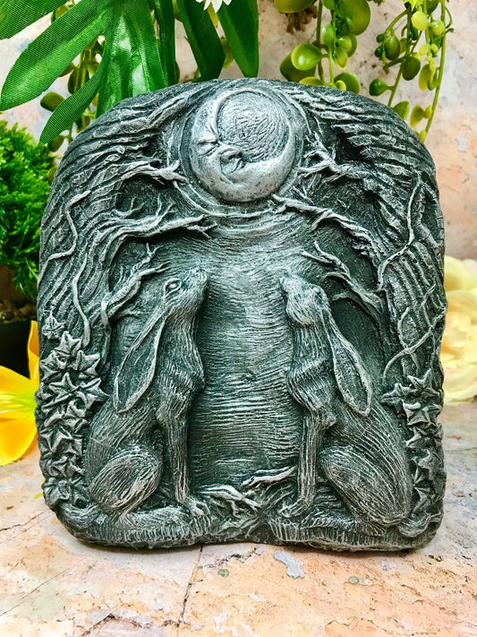 Silver Effect Magical Moon Hares Wall Plaque Pagan Statue Moongazing Wiccan Sculpture Ornament-Osiris Craftworks