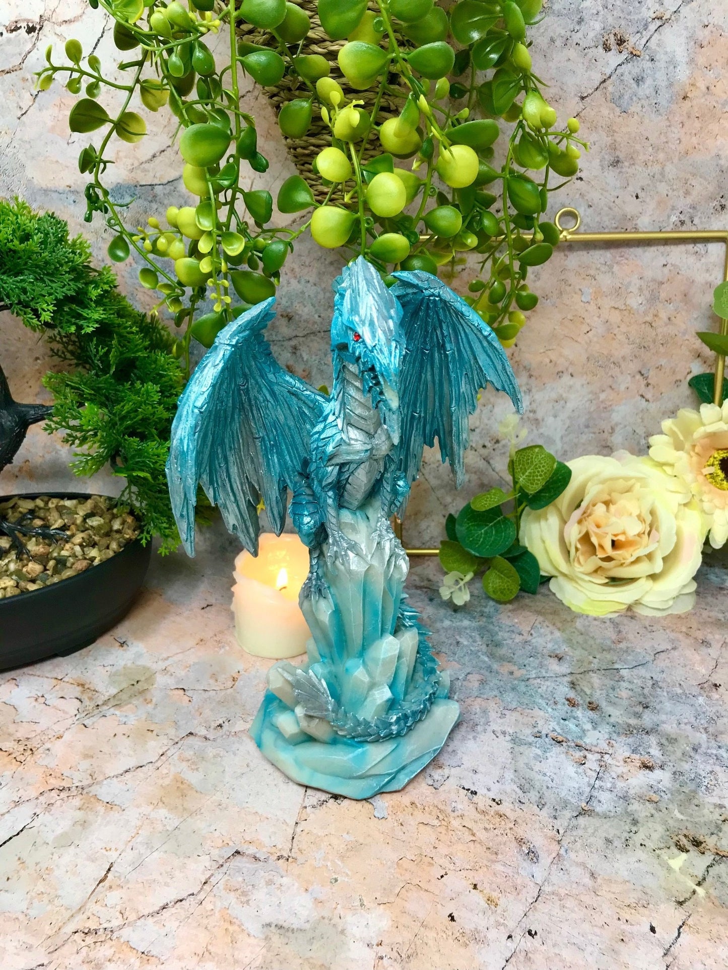 Ice Dragon Figurine on Crystal Pedestal | Handcrafted Resin | Mystical Fantasy Decor | Mythical Creature Sculpture | Boxed Dragon Statue