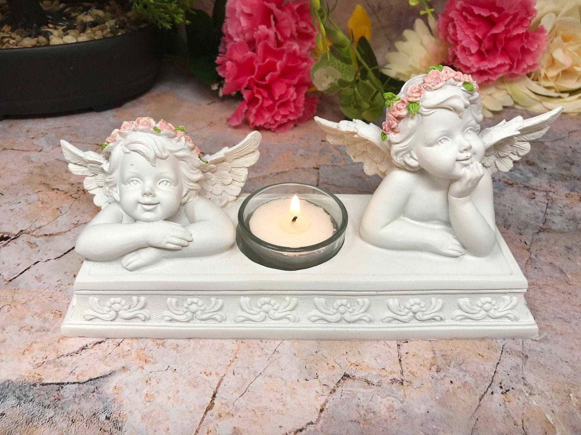 Angelic Cherubs Resin Candle Holder, Elegant Twin Cherub Tealight Stand, Indoor Decorative Angel Figurine, Heavenly Inspired Home Accent-Osiris Craftworks