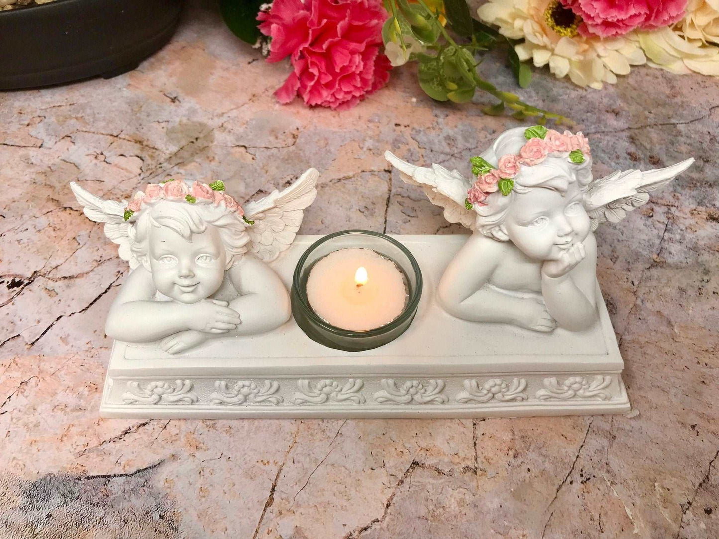 Angelic Cherubs Resin Candle Holder, Elegant Twin Cherub Tealight Stand, Indoor Decorative Angel Figurine, Heavenly Inspired Home Accent-Osiris Craftworks