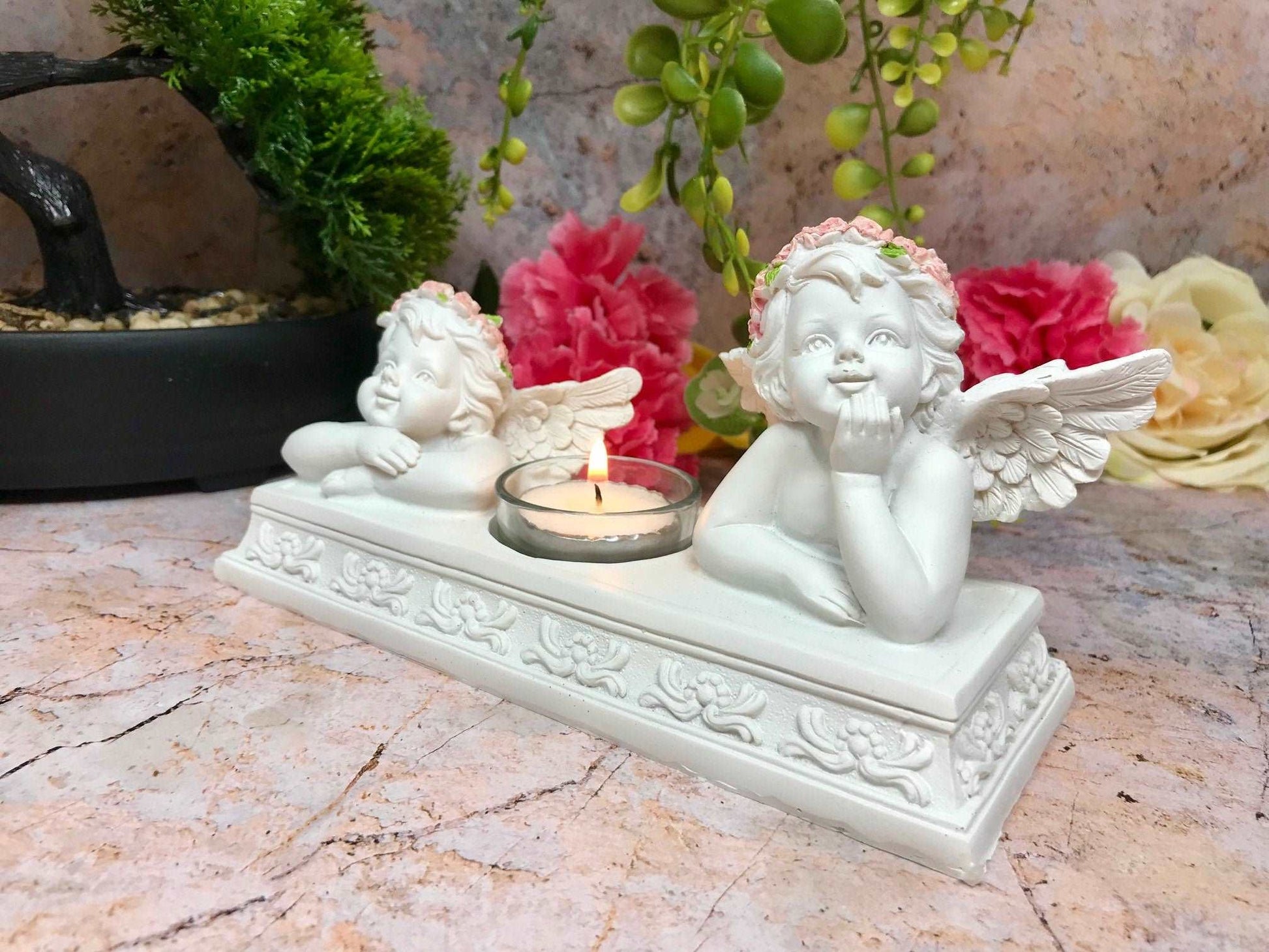 Angelic Cherubs Resin Candle Holder, Elegant Twin Cherub Tealight Stand, Indoor Decorative Angel Figurine, Heavenly Inspired Home Accent-Osiris Craftworks