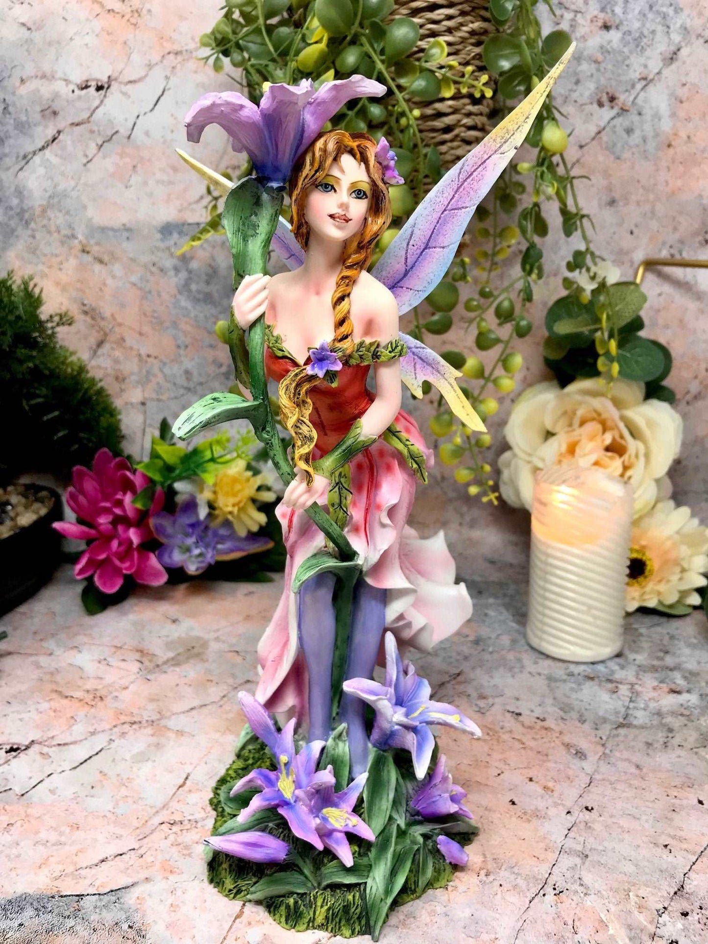 Blossoming Iris Fairy Figurine, Fantasy Floral Fairy Statue, Enchanted Decor, Whimsical Purple Winged Fairy, Collectible Mythical Art Piece-Osiris Craftworks