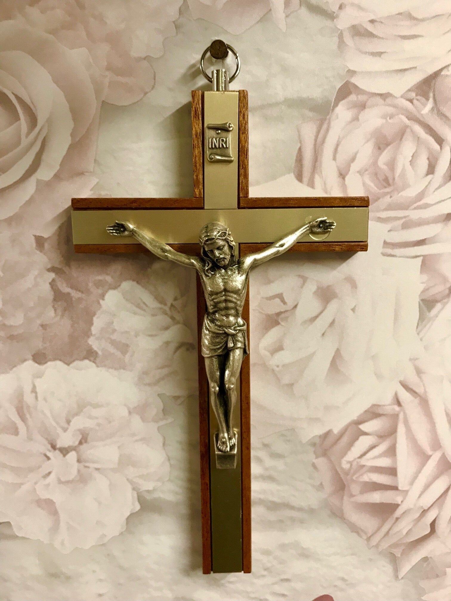 Mahogany Wooden Crucifix with Brass Inlaid Strips Hanging Cross Metal Corpus Christi Jesus Christ Religious Wall Ornament-Osiris Craftworks