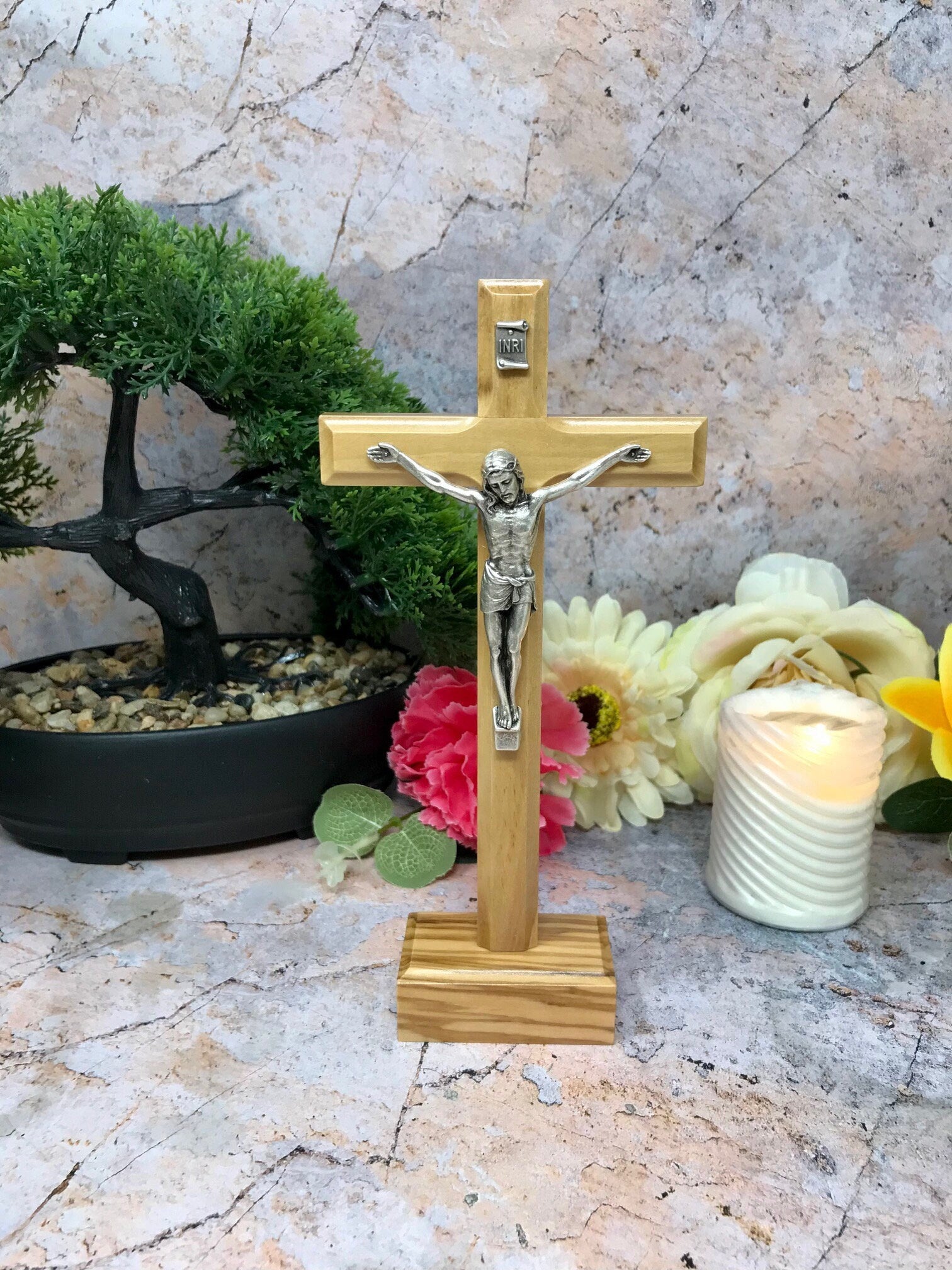 Freestanding Elegant Olive Wood Cross with Metal Corpus - Sacred Christian Crucifix 19 cm-Osiris Craftworks