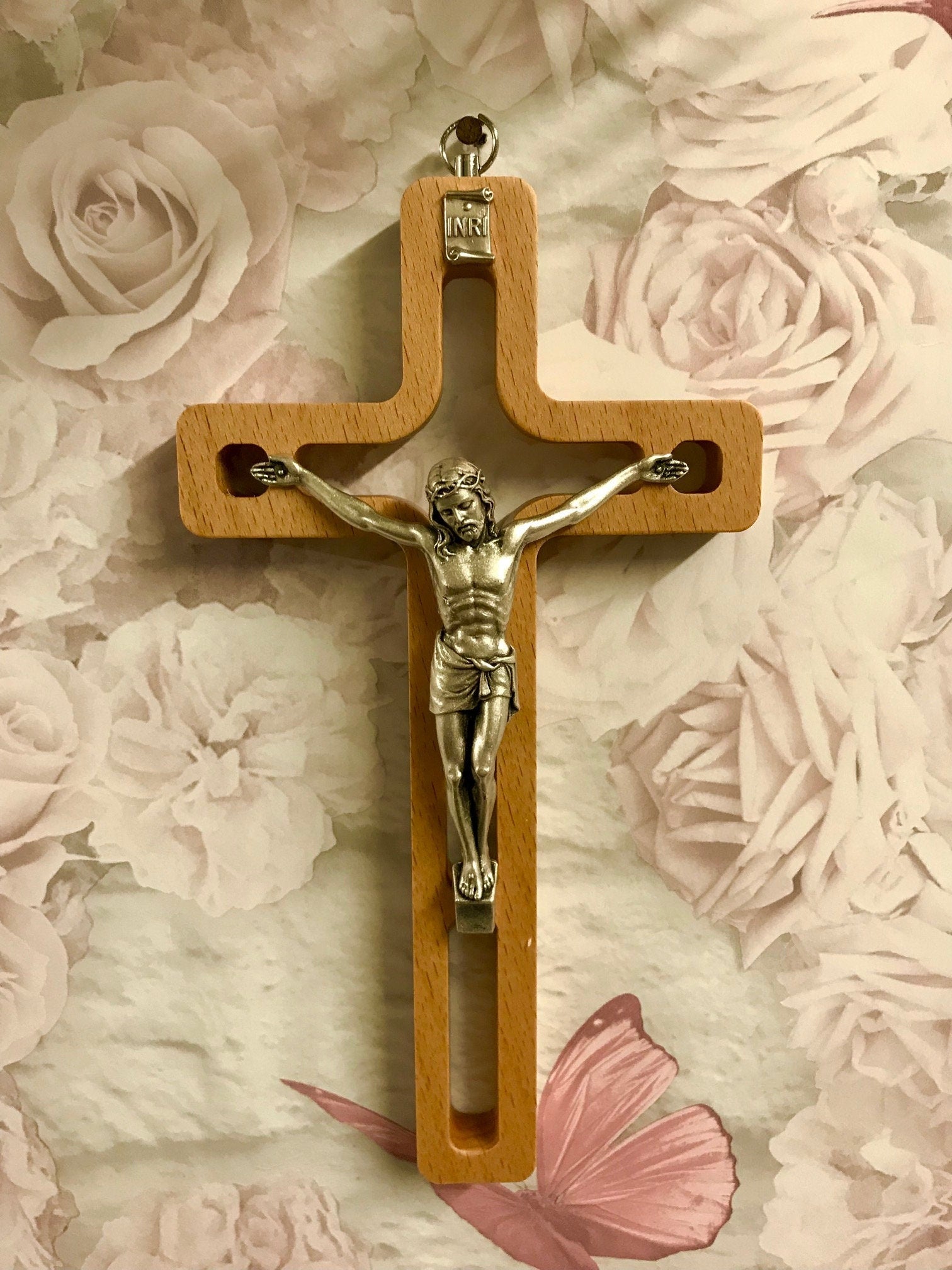 Wooden Crucifix Hanging Wall Cross Silver Metal Corpus Christi Jesus Christ Religious-Osiris Craftworks