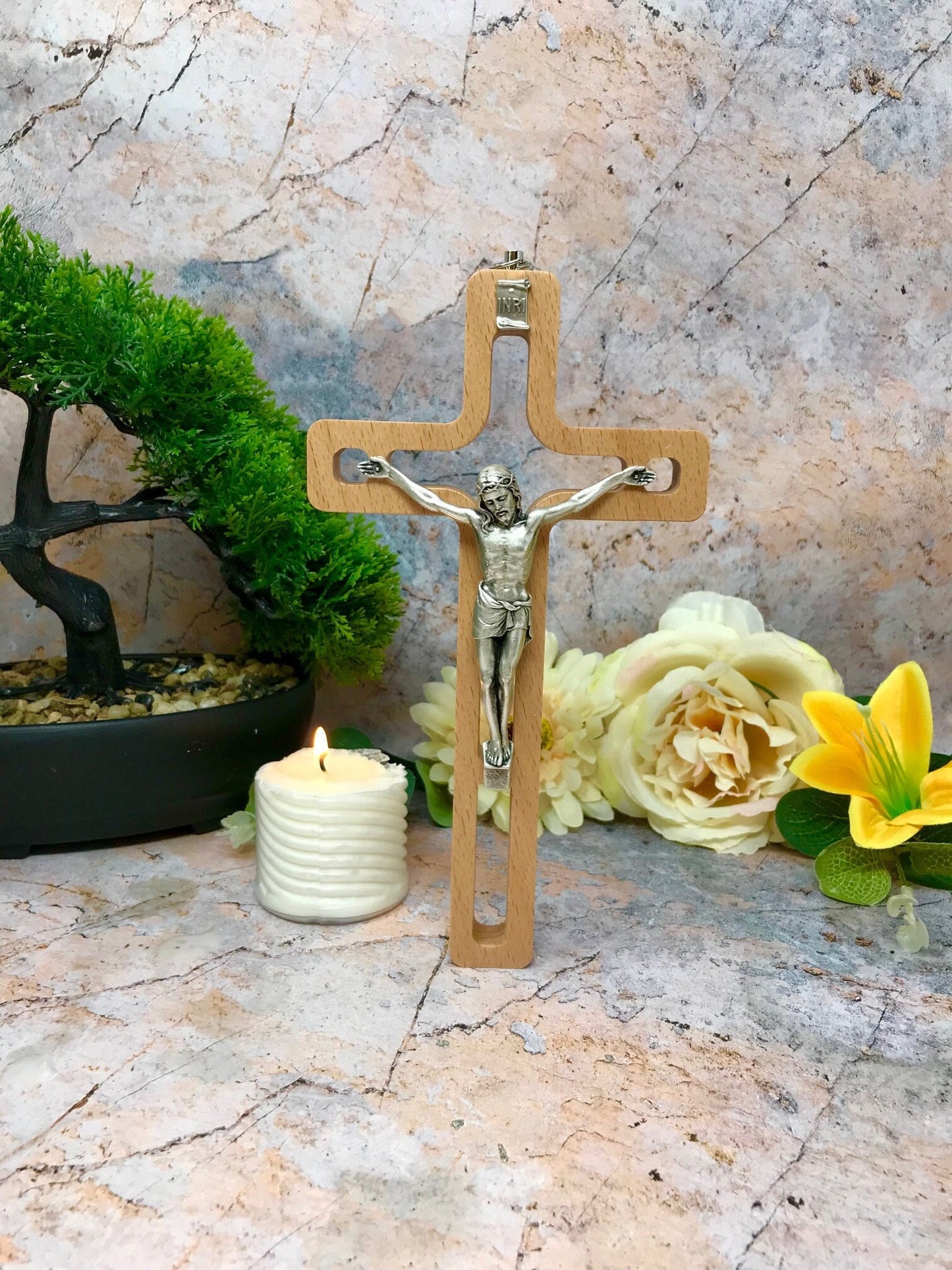 Wooden Crucifix Hanging Wall Cross Silver Metal Corpus Christi Jesus Christ Religious-Osiris Craftworks