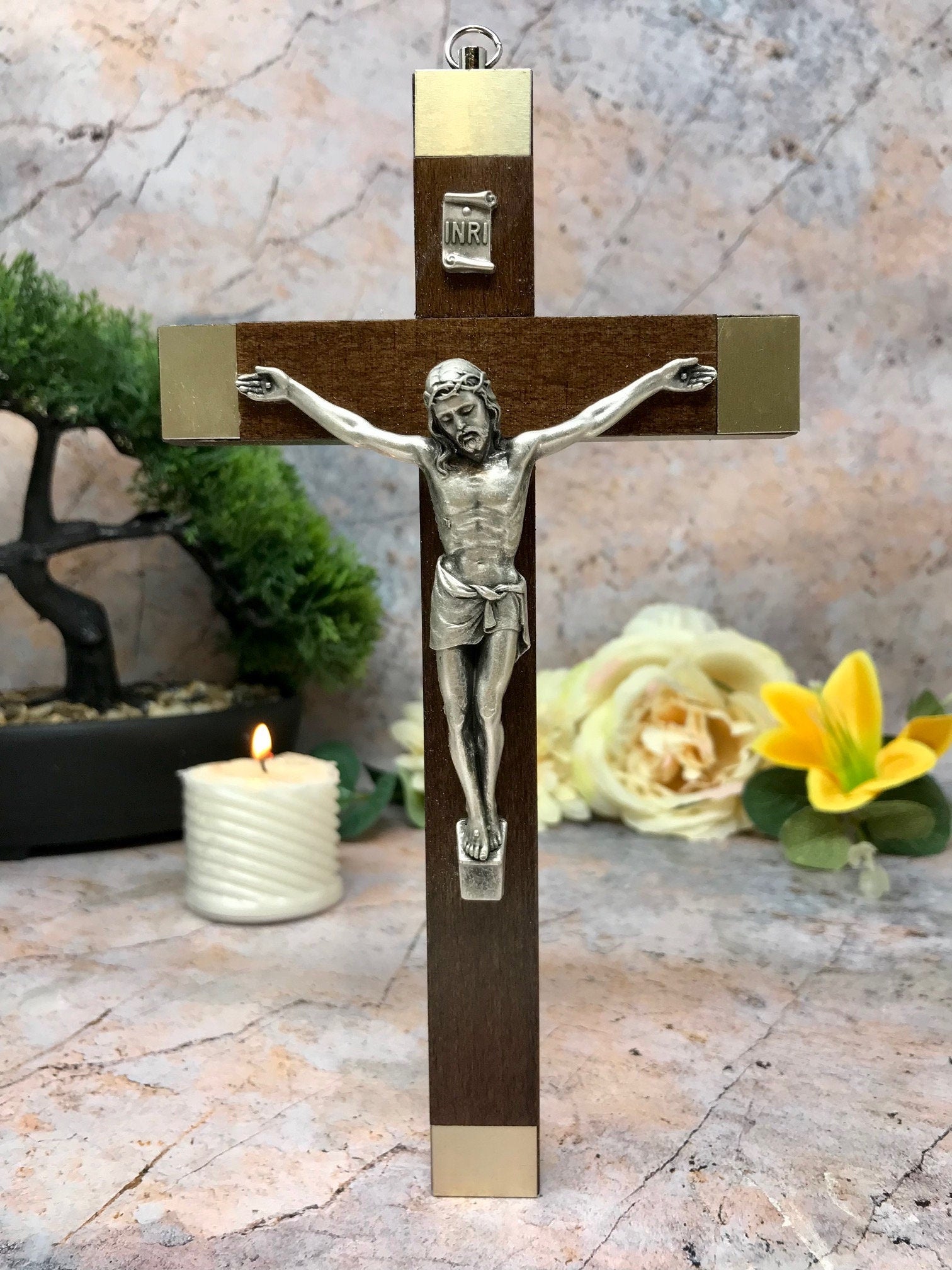 Walnut Wood Crucifix Cross Wall Hanging Silver Jesus Religious Gift-Osiris Craftworks