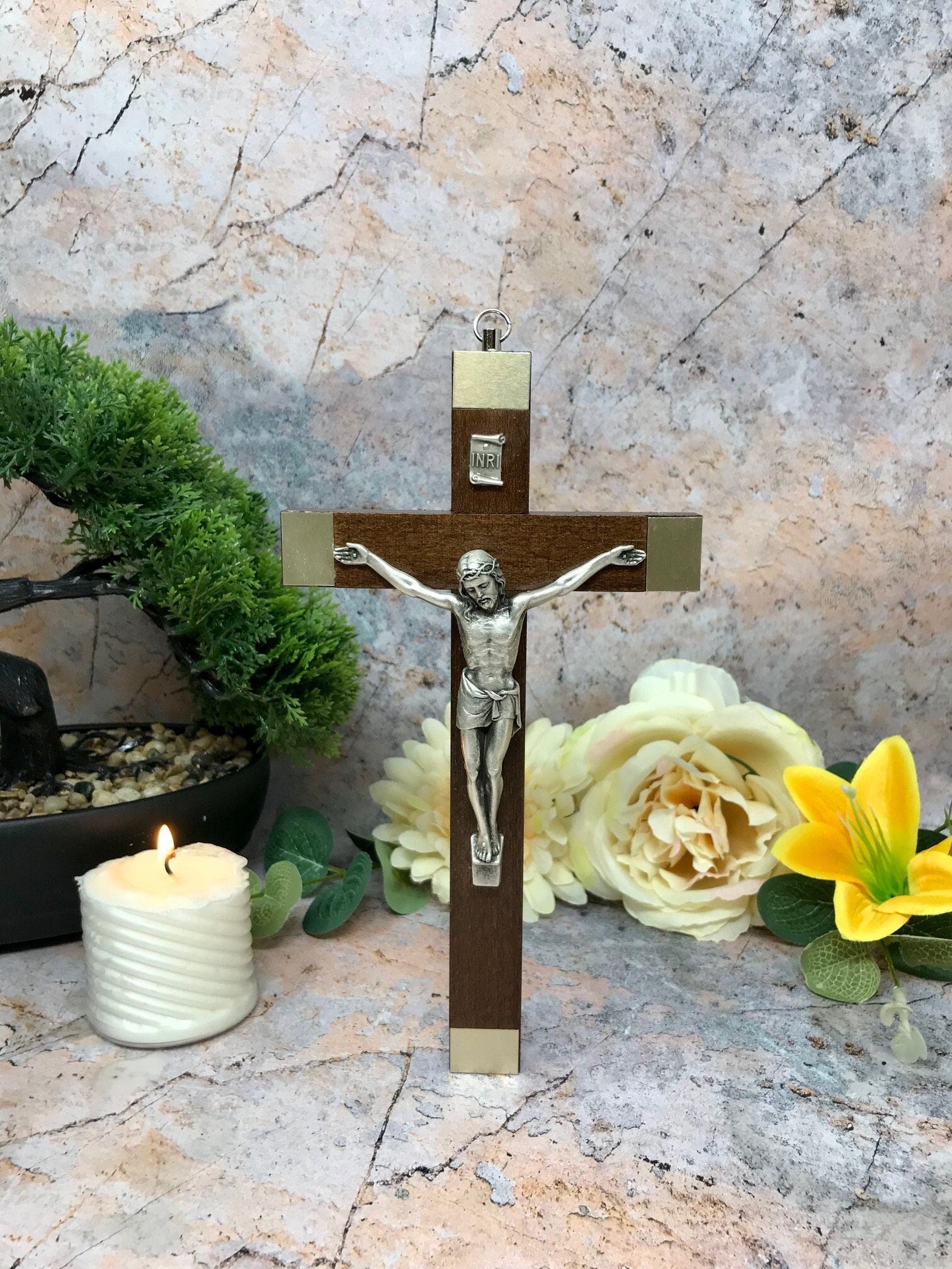 Walnut Wood Crucifix Cross Wall Hanging Silver Jesus Religious Gift-Osiris Craftworks