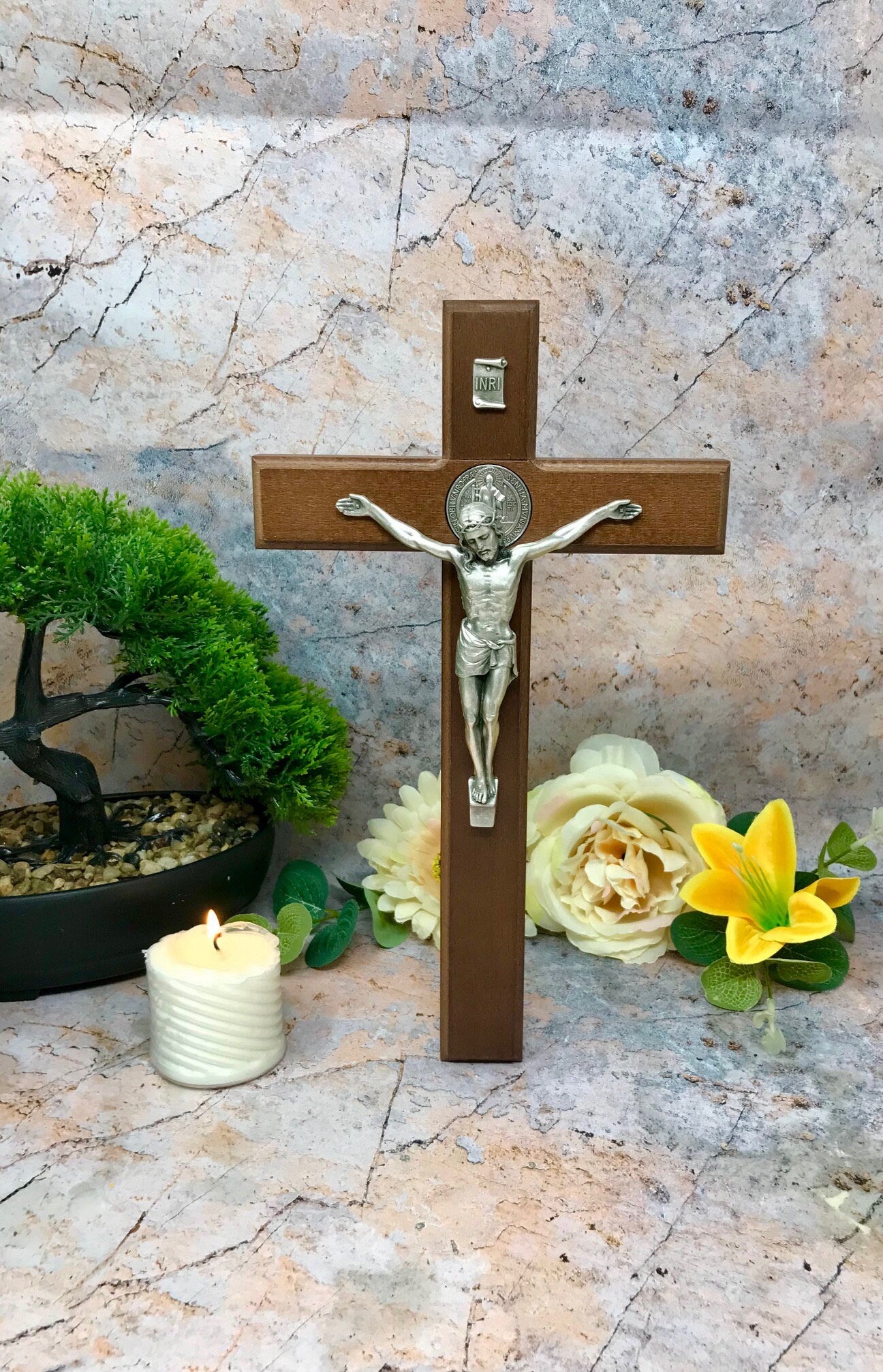 Wooden Crucifix Hanging Cross Brass Corpus Christi Jesus Christ Religious 28cm-Osiris Craftworks