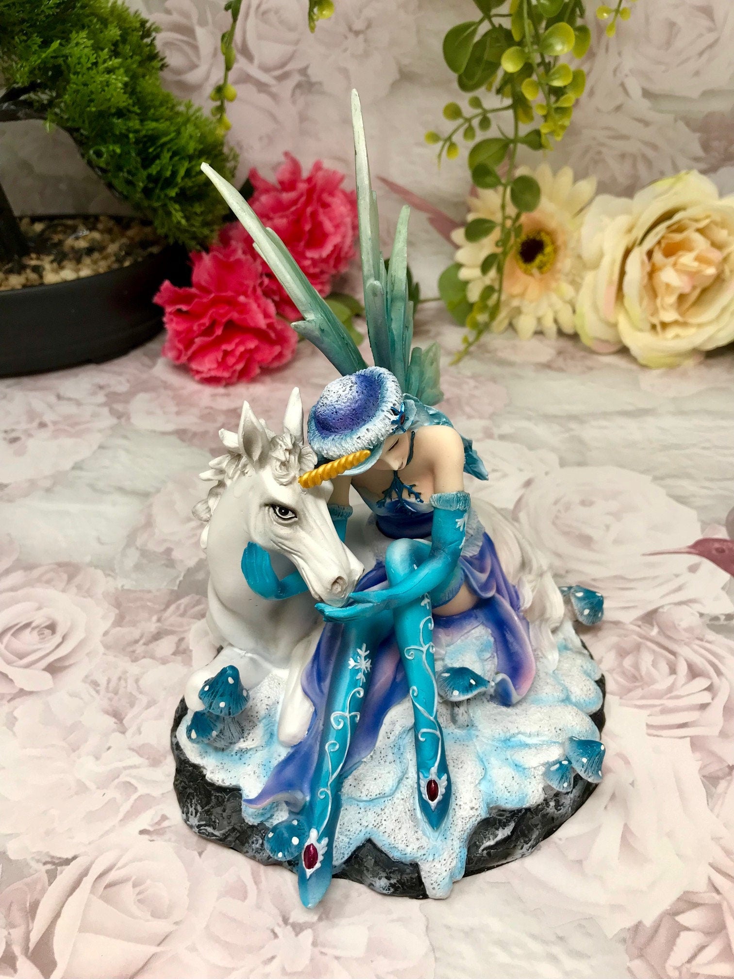 Sitting Blue Winter Fairy with Unicorn Display Figurine Statue Ornament-Osiris Craftworks