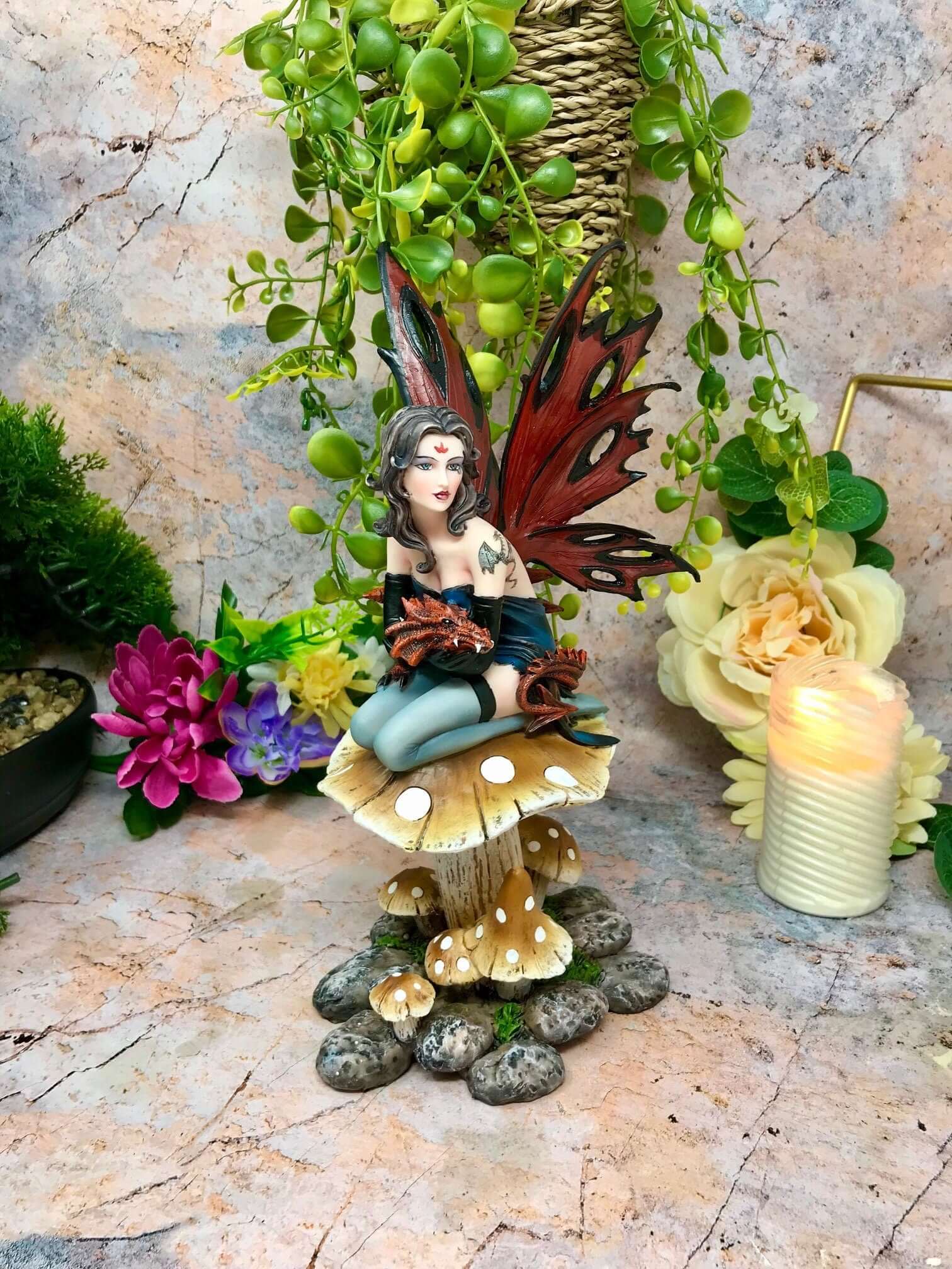 Gothic Fairy on Toadstool Statue, Dark Fantasy Figurine, Enigmatic Fairy with Dragon, Mystic Forest Decor Sculpture, Captivating Fae Art-Osiris Craftworks