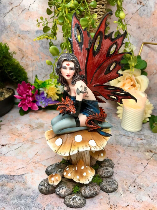 Gothic Fairy on Toadstool Statue, Dark Fantasy Figurine, Enigmatic Fairy with Dragon, Mystic Forest Decor Sculpture, Captivating Fae Art-Osiris Craftworks