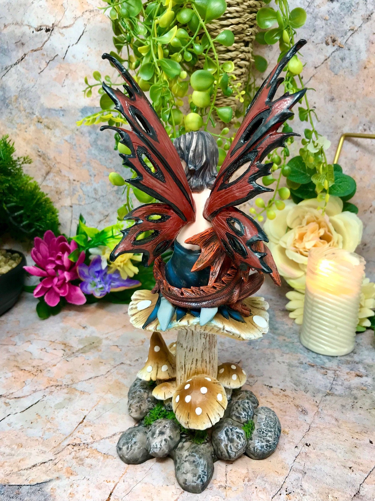 Gothic Fairy on Toadstool Statue, Dark Fantasy Figurine, Enigmatic Fairy with Dragon, Mystic Forest Decor Sculpture, Captivating Fae Art-Osiris Craftworks