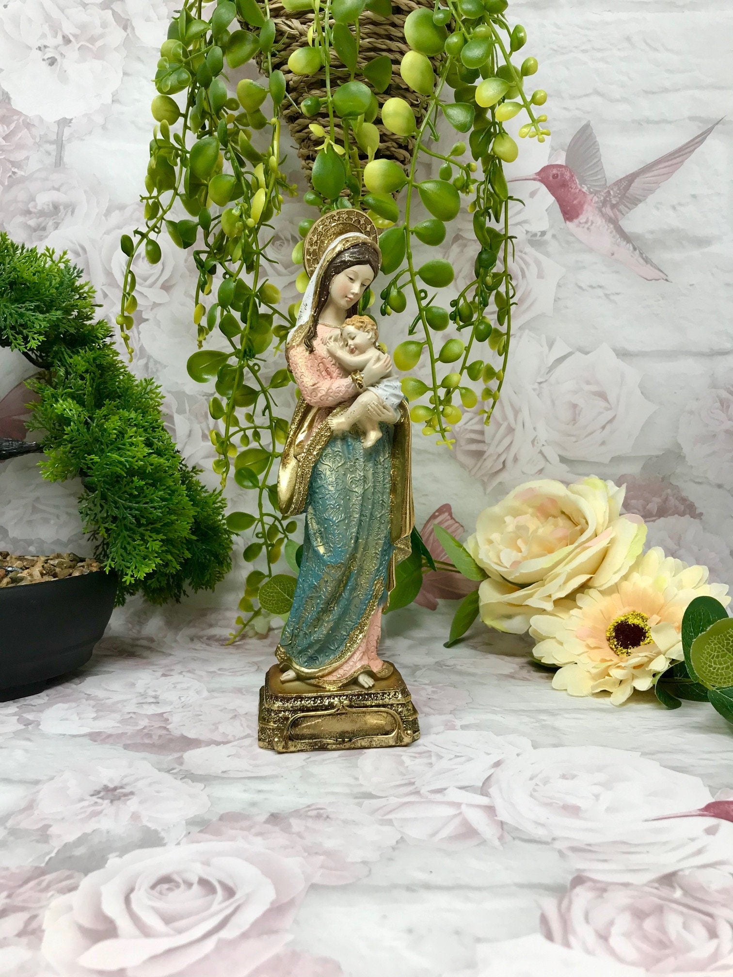 Virgin Mary Holding Baby Jesus Sculpture Statue Religious Ornament Catholic Figurine for Home or Chapel-Osiris Craftworks