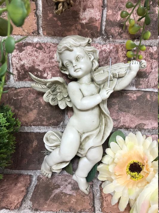 Vintage Cherub with Violin Instrument Sculpture Frost Proofed Stone Polyresin Angel Indoor Outdoor Resin Garden Ornament-Osiris Craftworks