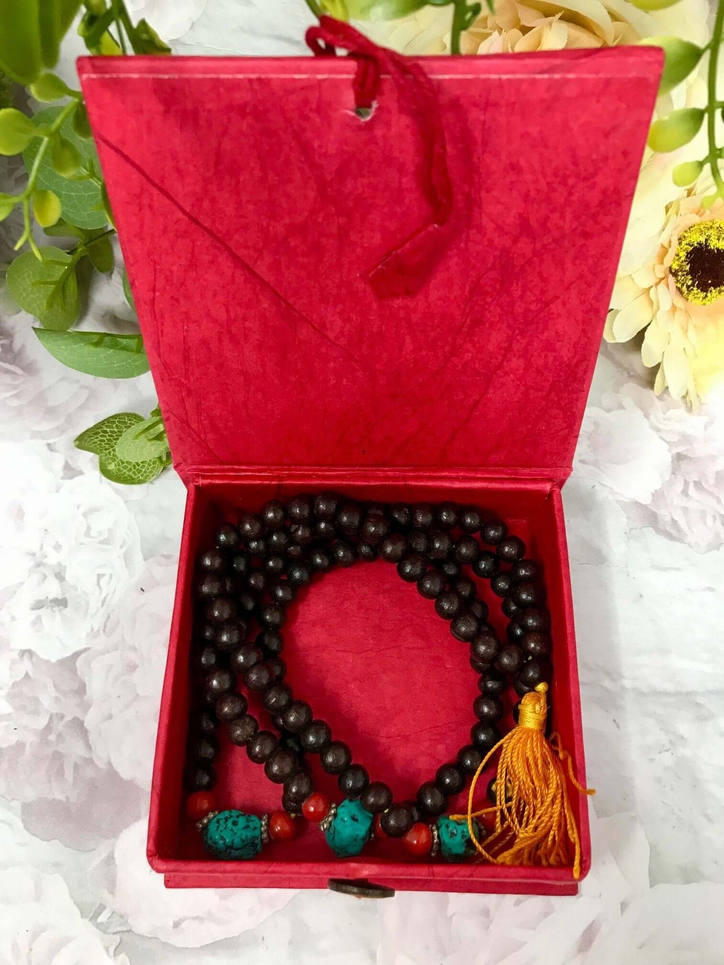 Tibetan Rosewood Prayer Beads Mala - Buddhist Meditation Rosary with Friendship Knot, Spiritual Gift in Elegant Red Box, Yoga Accessory-Osiris Craftworks