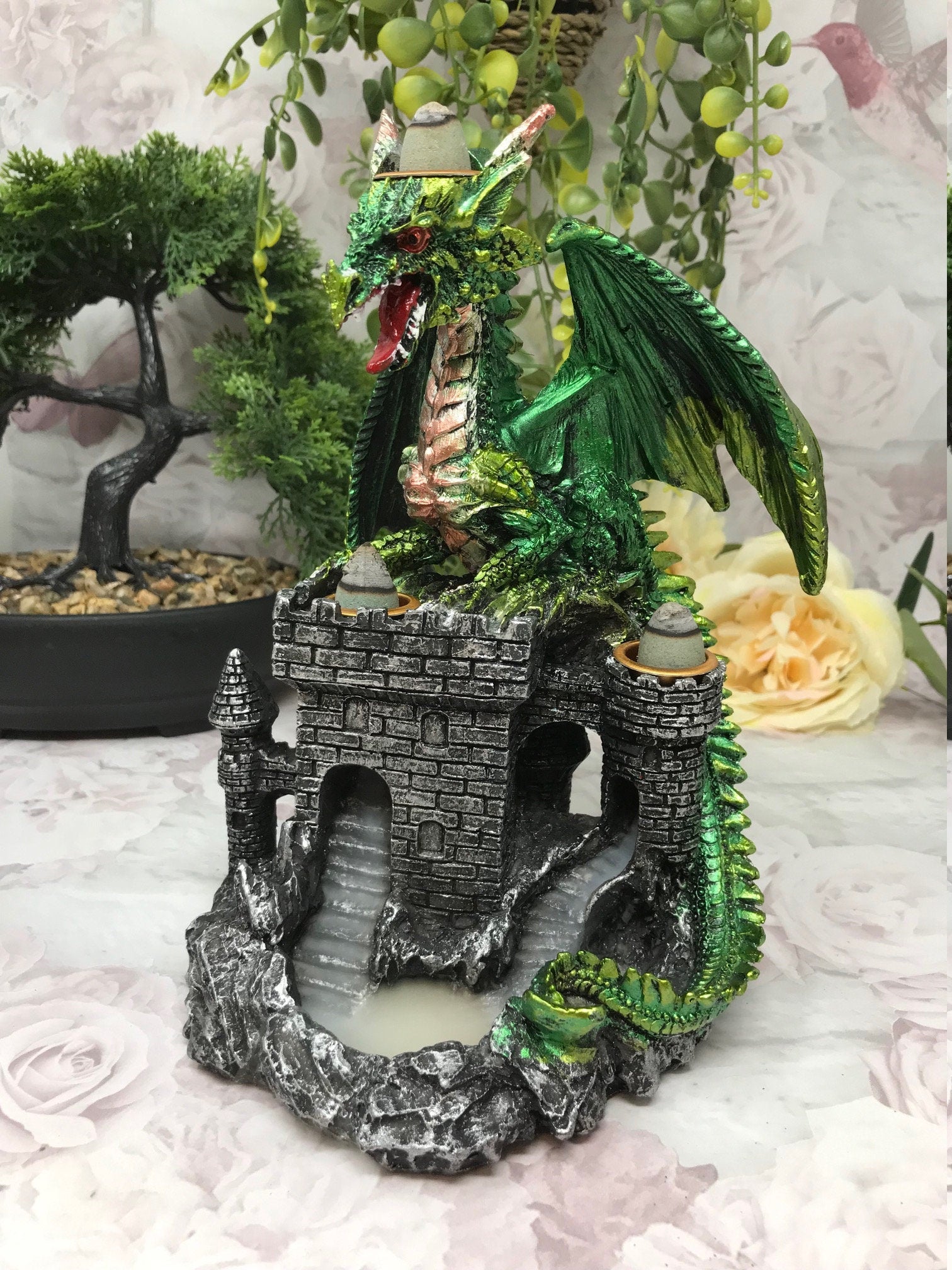 Green Dragon Guarding Castle Statue Cone Burner Lamp Fantasy Art Home Decoration Dragons Collection-Osiris Craftworks