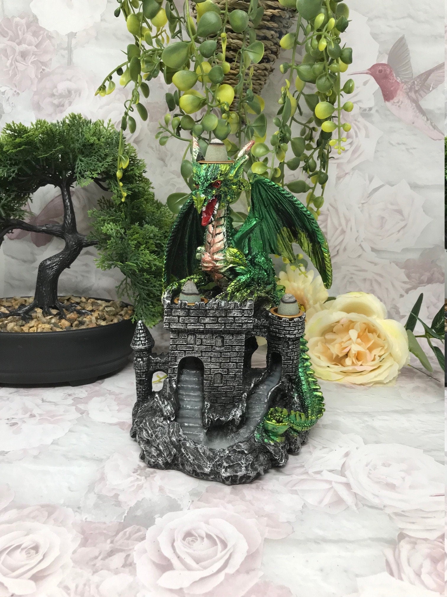 Green Dragon Guarding Castle Statue Cone Burner Lamp Fantasy Art Home Decoration Dragons Collection-Osiris Craftworks