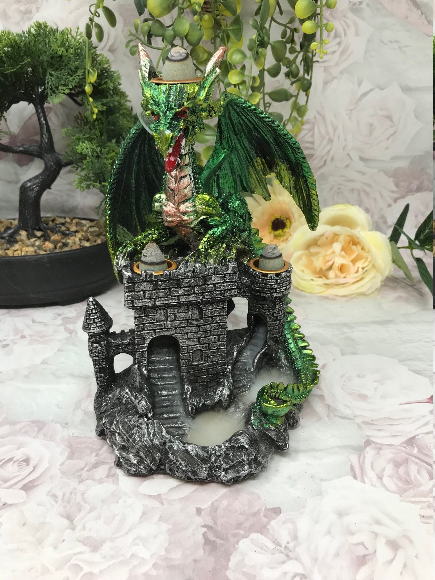 Green Dragon Guarding Castle Statue Cone Burner Lamp Fantasy Art Home Decoration Dragons Collection-Osiris Craftworks