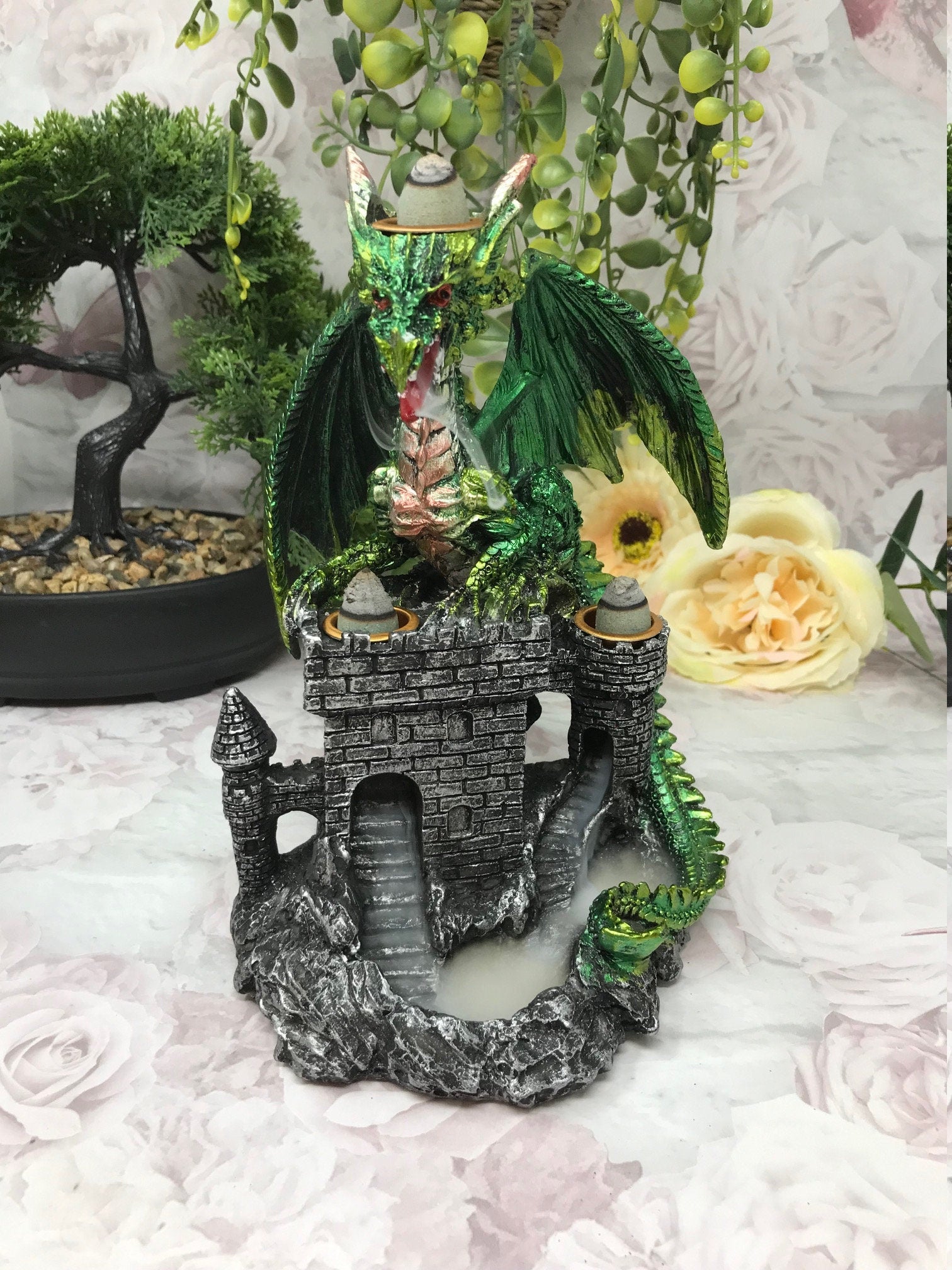 Green Dragon Guarding Castle Statue Cone Burner Lamp Fantasy Art Home Decoration Dragons Collection-Osiris Craftworks