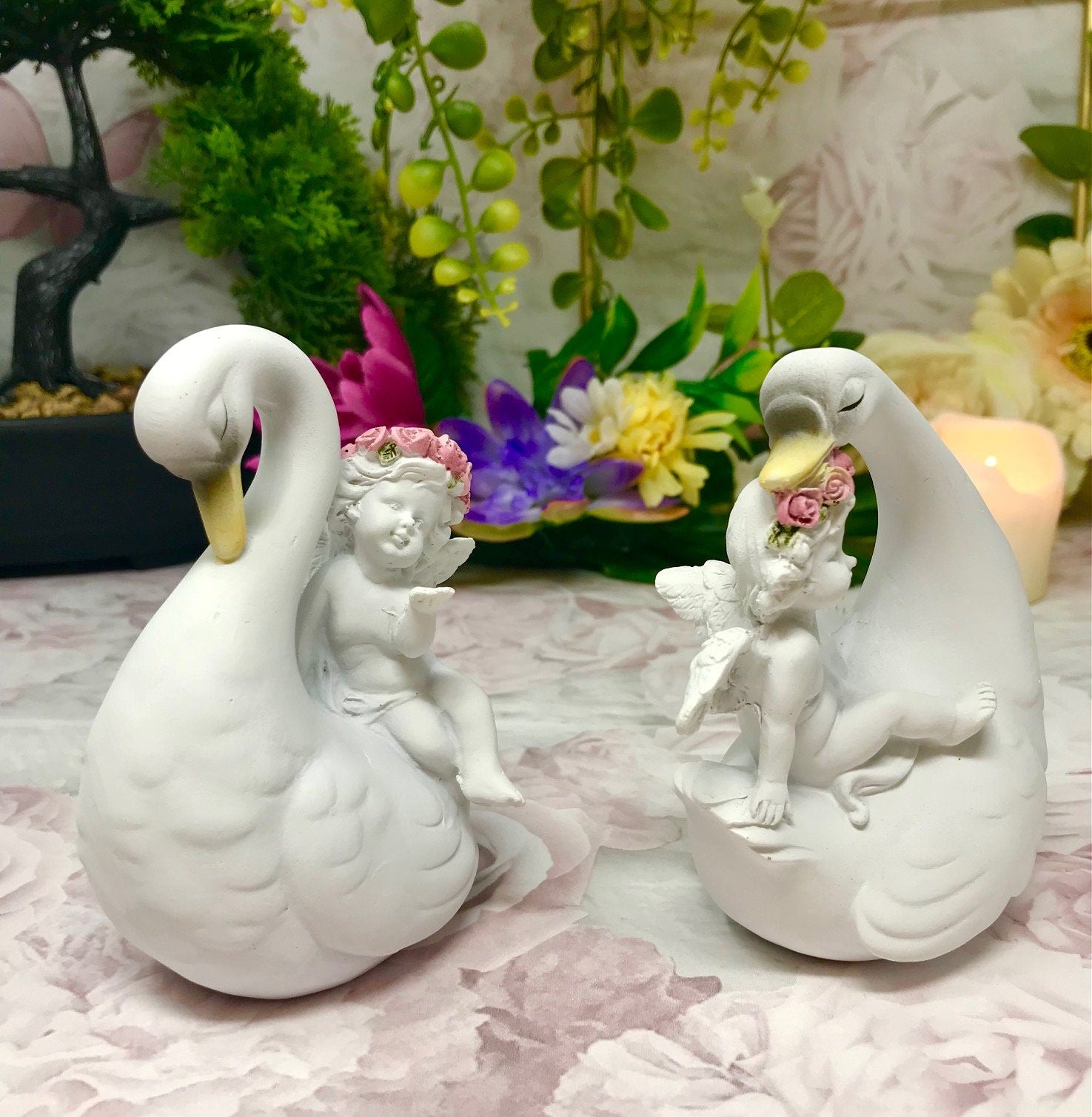 Pair of Cherubs Riding Swans Figurines Cherub Collection Home Decoration Ornaments-Osiris Craftworks