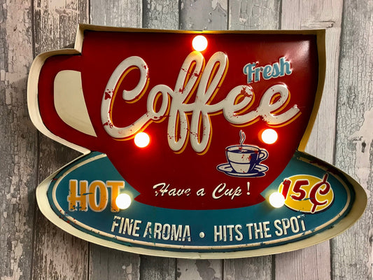 Vintage Coffee Cup LED Wall Plaque, Metal 3D Light-Up Sign, Retro Kitchen Decor, Shabby Chic Lounge Art, Battery-Operated Cozy Café Logo-Osiris Craftworks