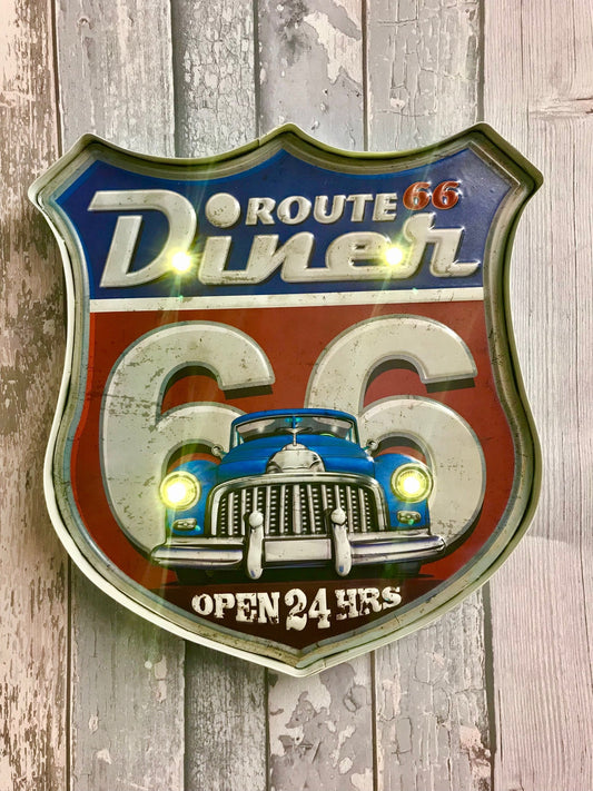 Vintage Route 66 Diner LED Sign, 3D Metal Wall Art Retro Car Design, Illuminated Americana Decor, Battery-Operated Unique Man Cave Accessory-Osiris Craftworks