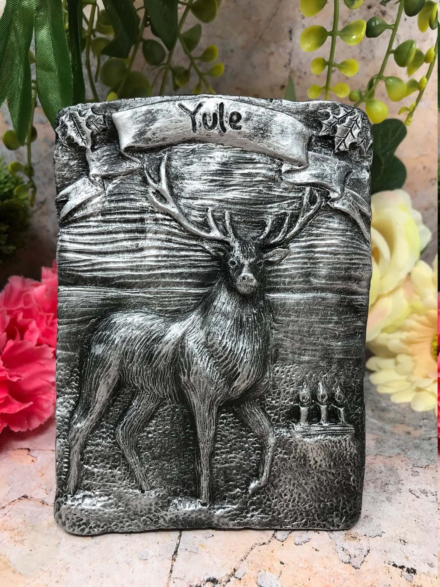 Yule Stag Silver Coloured Wall Plaque Pagan Wiccan Sculpture Ornament-Osiris Craftworks