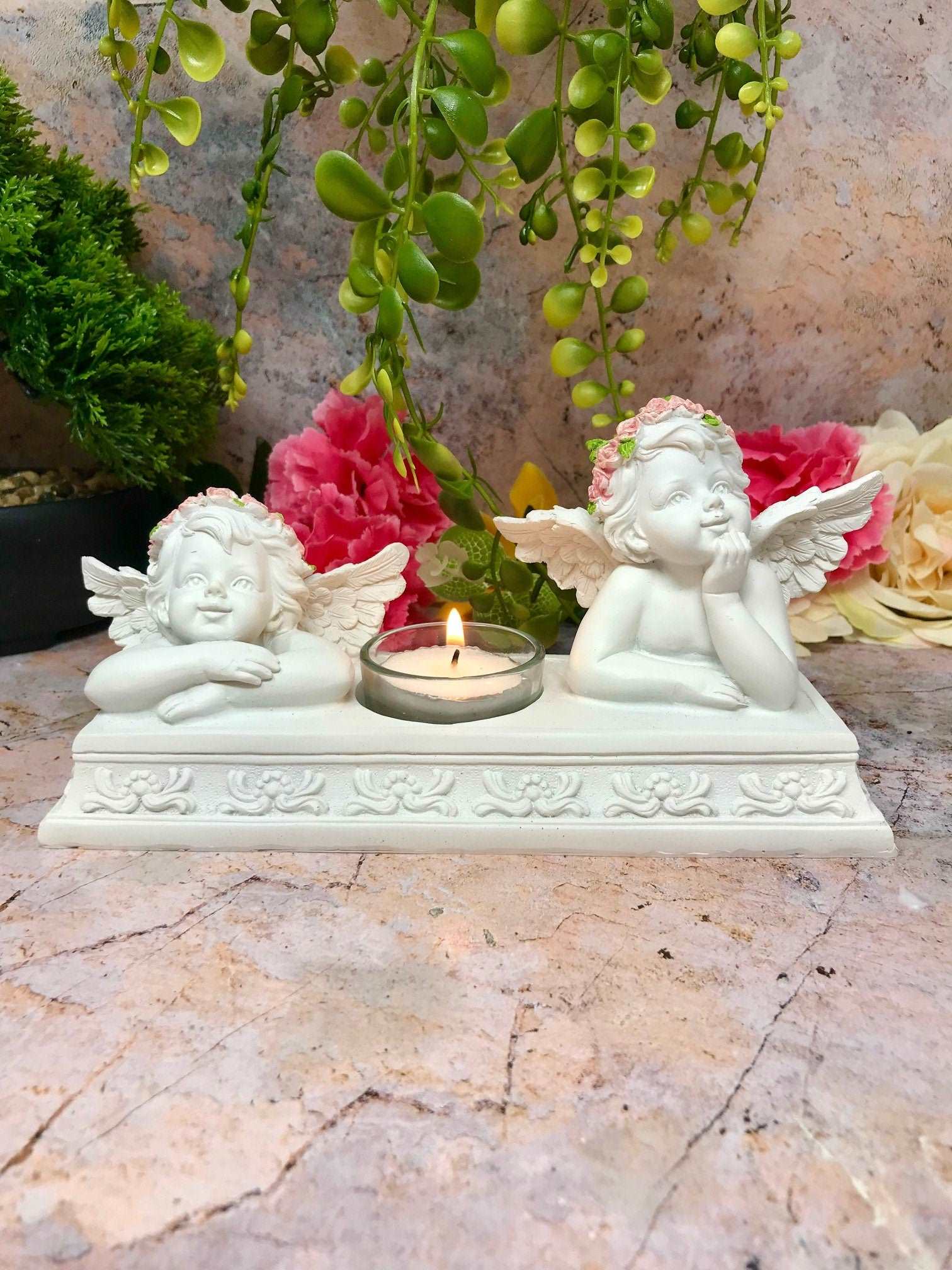 Angelic Cherubs Resin Candle Holder, Elegant Twin Cherub Tealight Stand, Indoor Decorative Angel Figurine, Heavenly Inspired Home Accent-Osiris Craftworks